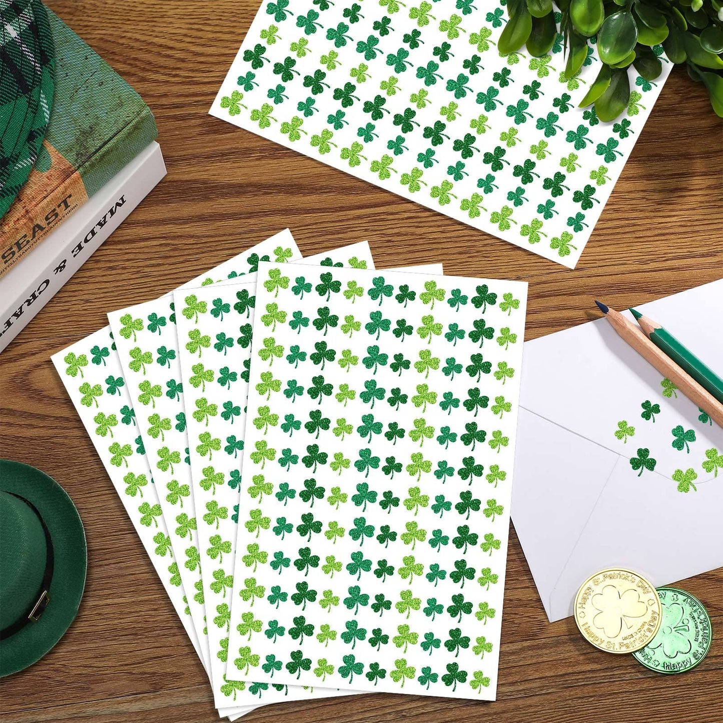 Gueevin 1200 Pcs Glitter Shamrock Stickers – St. Patrick's Day Decor & Party Supplies
