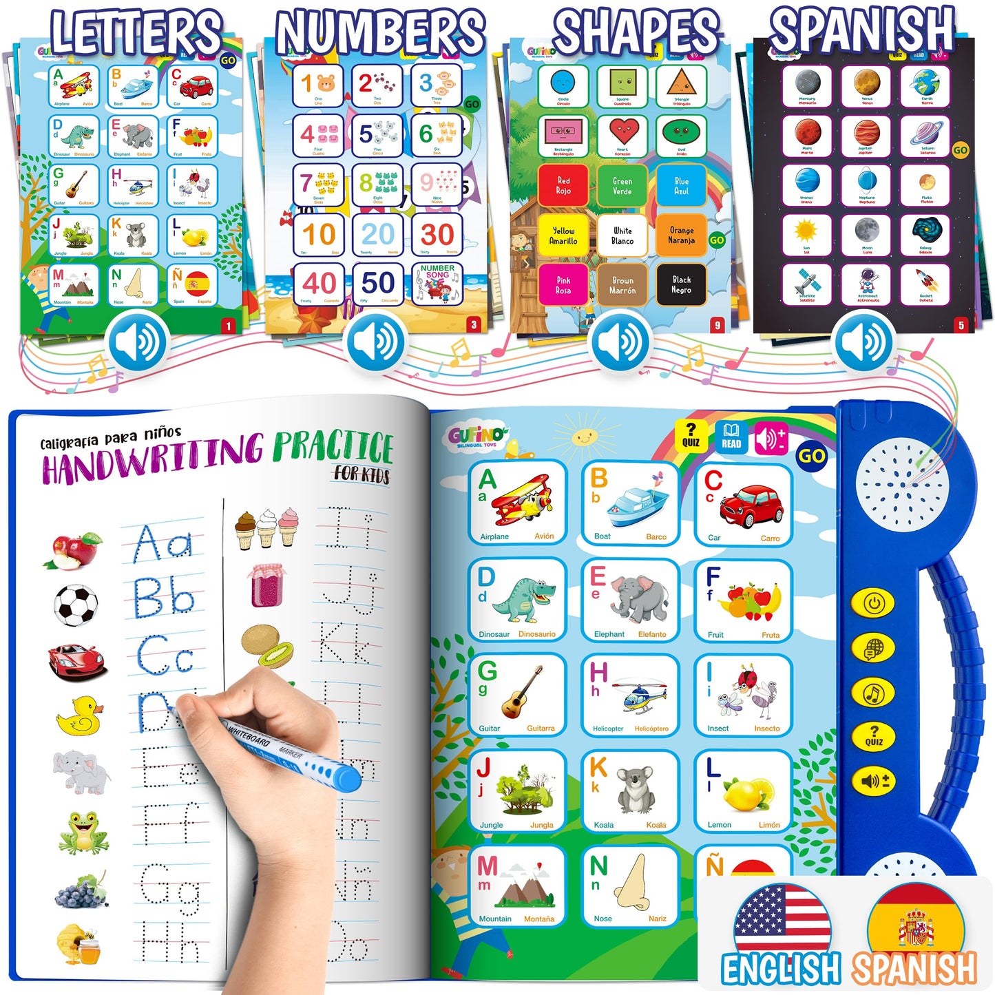 GUFINO: Bilingual Spanish & English ABC Learning Book for Kids – Interactive Tracing & Speech Therapy