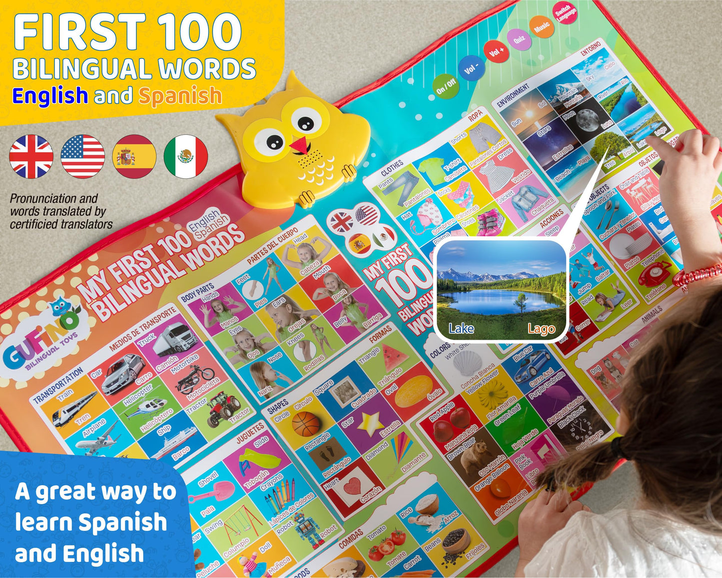 GUFINO First 100 Words: Bilingual Electronic Alphabet Poster – English & Spanish