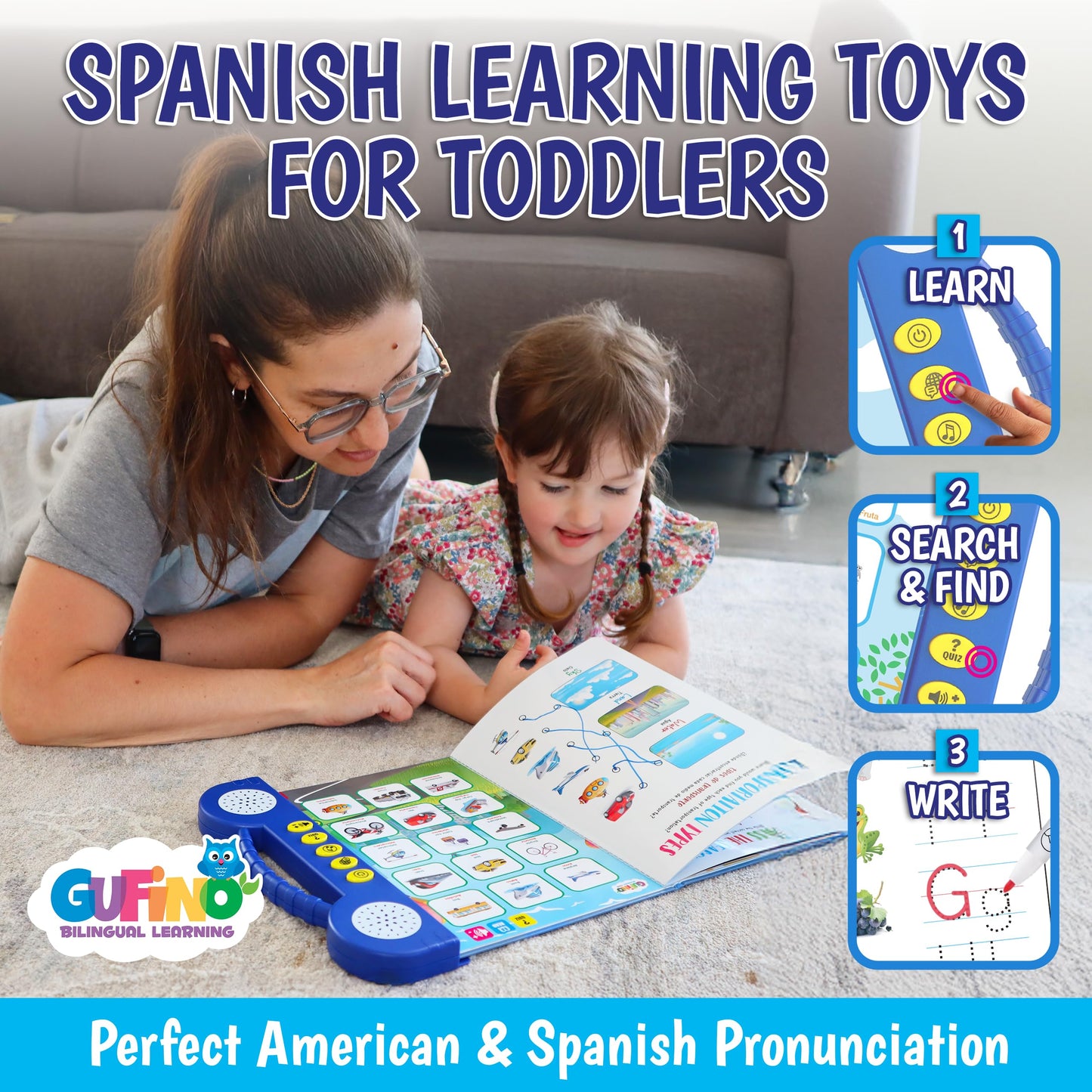 GUFINO: Bilingual Spanish & English ABC Learning Book for Kids – Interactive Tracing & Speech Therapy