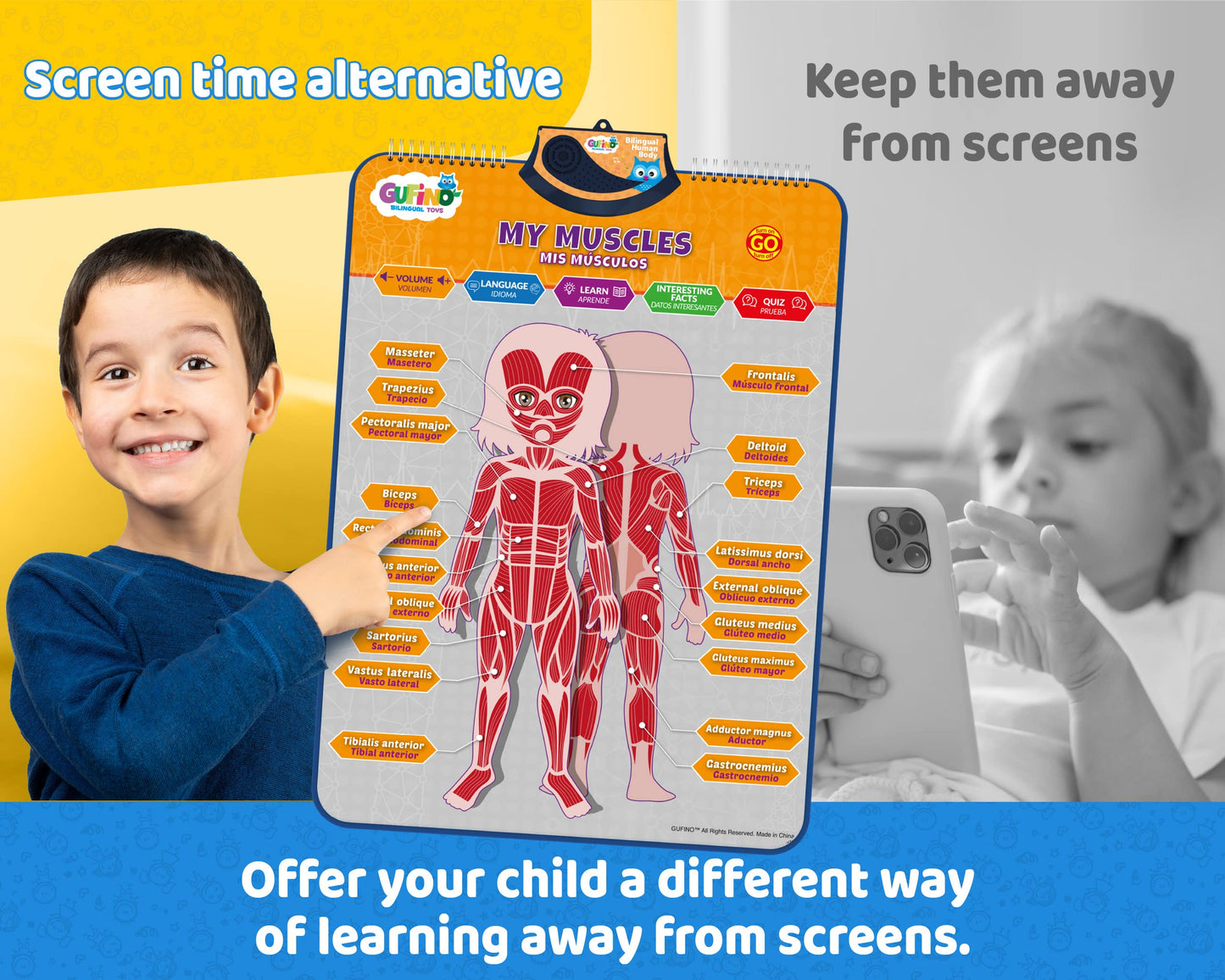 GUFINO Bilingual Human Body Model for Kids – Interactive Anatomy Poster with Games & Quizzes