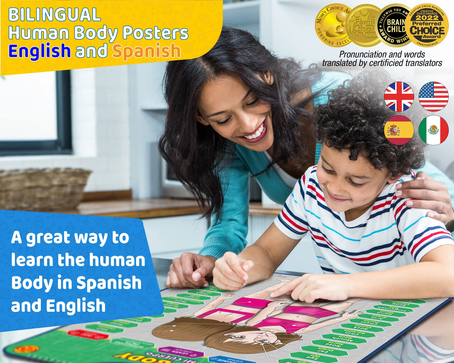 GUFINO Bilingual Human Body Model for Kids – Interactive Anatomy Poster with Games & Quizzes