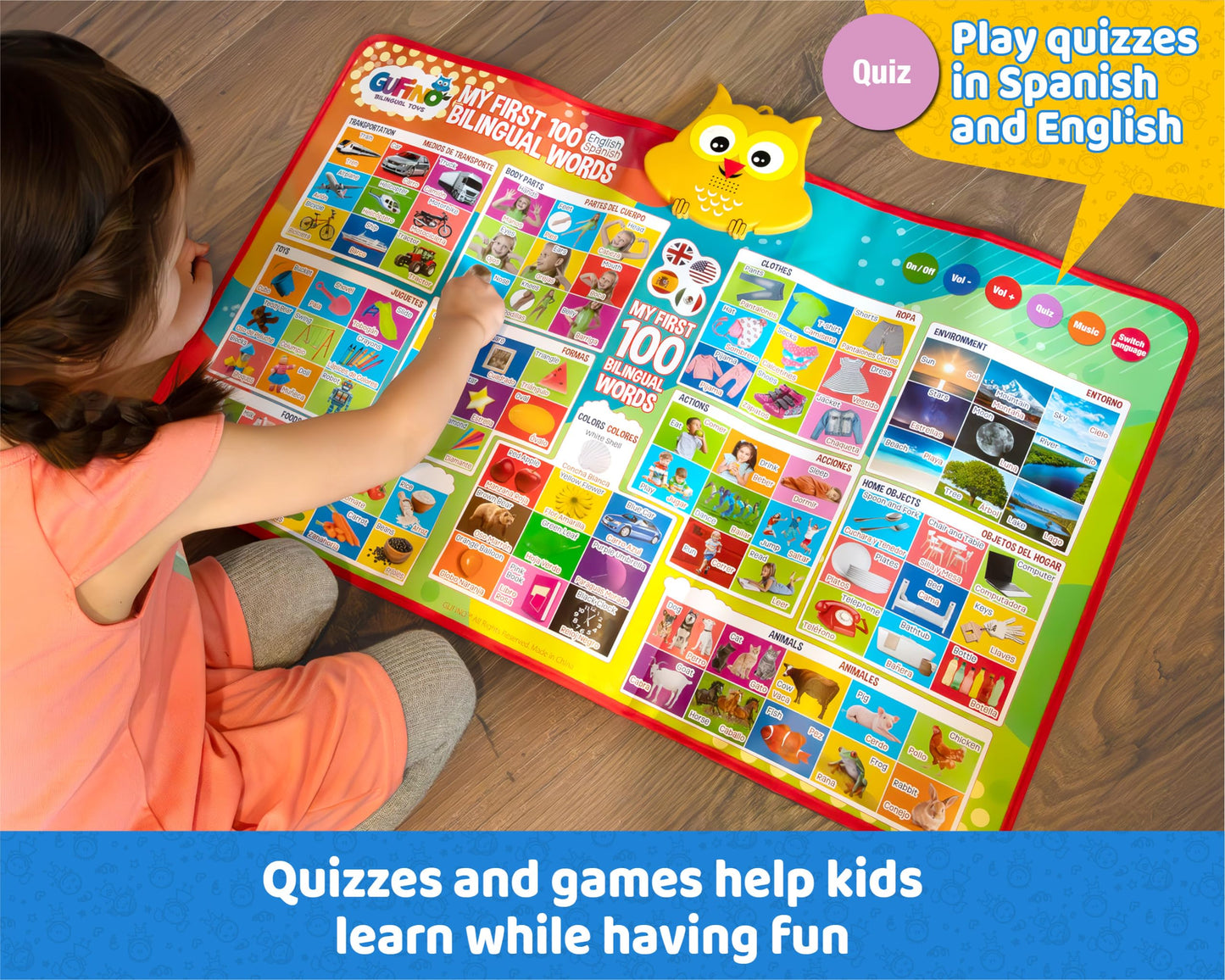 GUFINO First 100 Words: Bilingual Electronic Alphabet Poster – English & Spanish