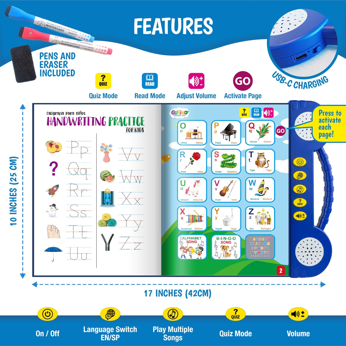 GUFINO: Bilingual Spanish & English ABC Learning Book for Kids – Interactive Tracing & Speech Therapy