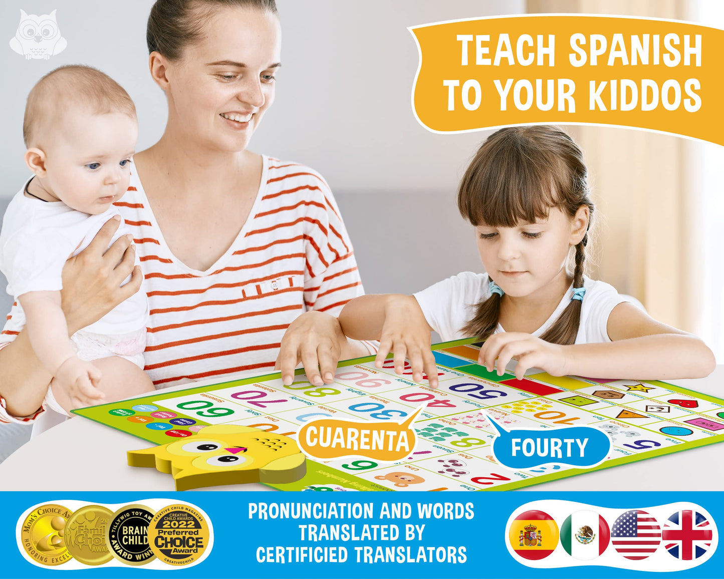 GUFINO Bilingual Number Chart for Toddlers – Spanish & English Learning Poster (1-3 yrs)