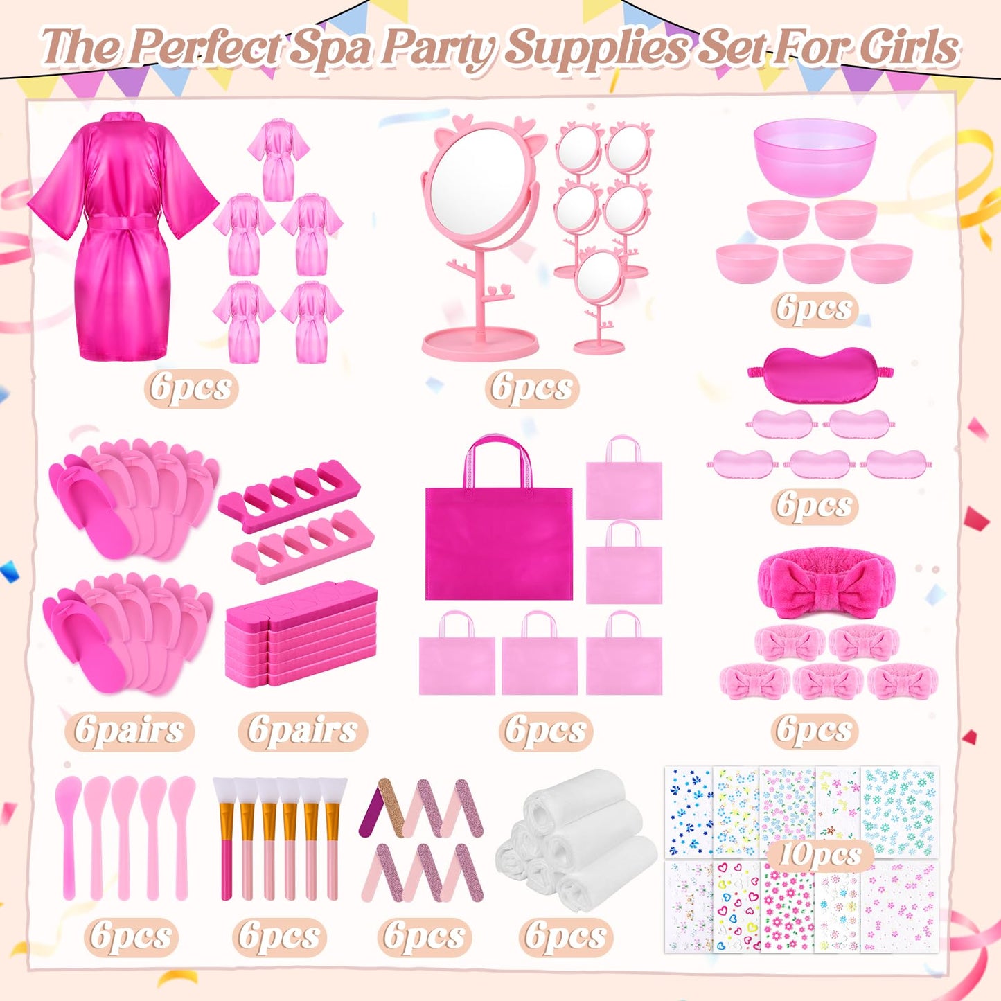 Guifizeiom Spa Party Kit for Girls — 6 Satin Robes & Sleepover Essentials