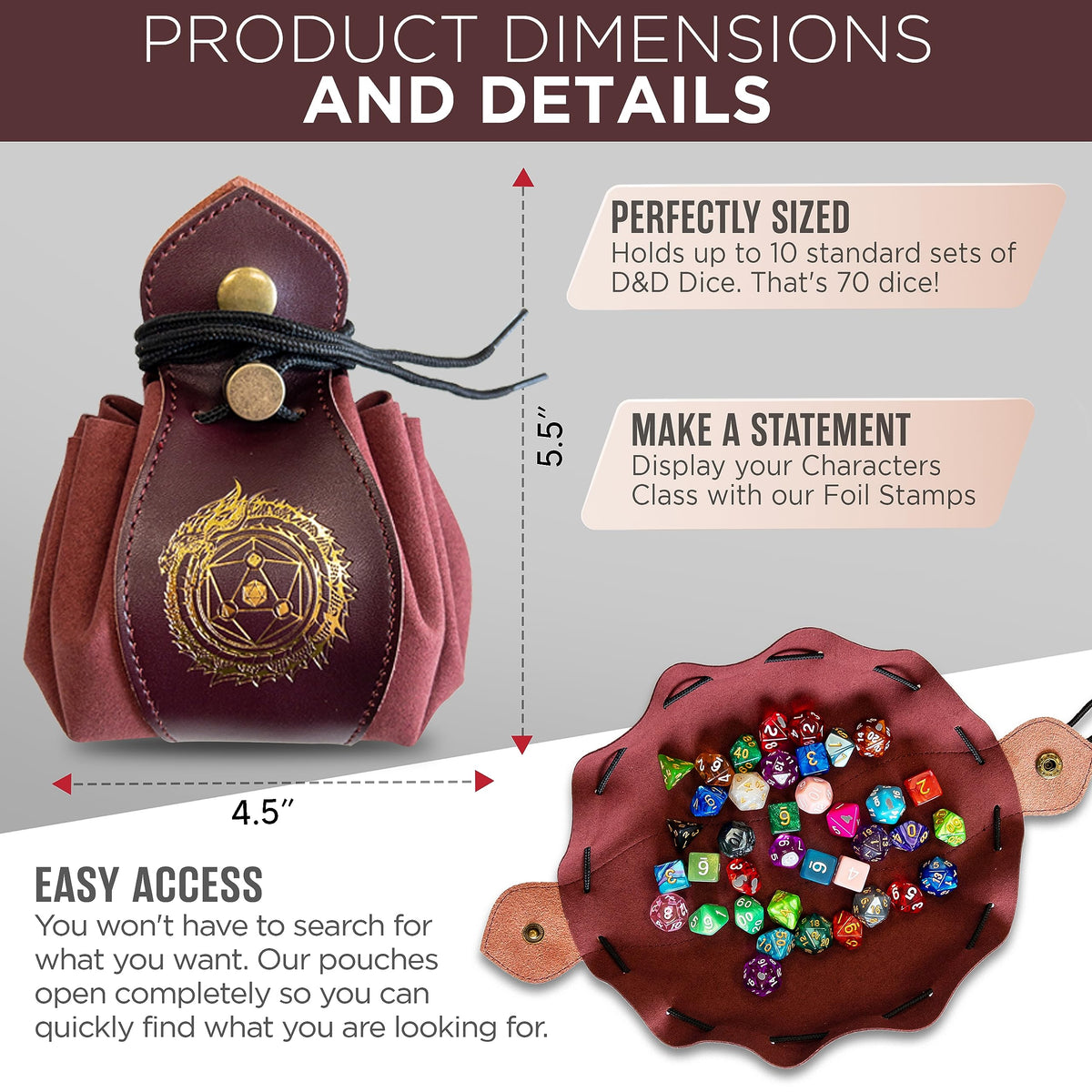 Guilt Free Gaming Genuine Leather RPG Bag – Holds 70 Dice | Foil Stamped