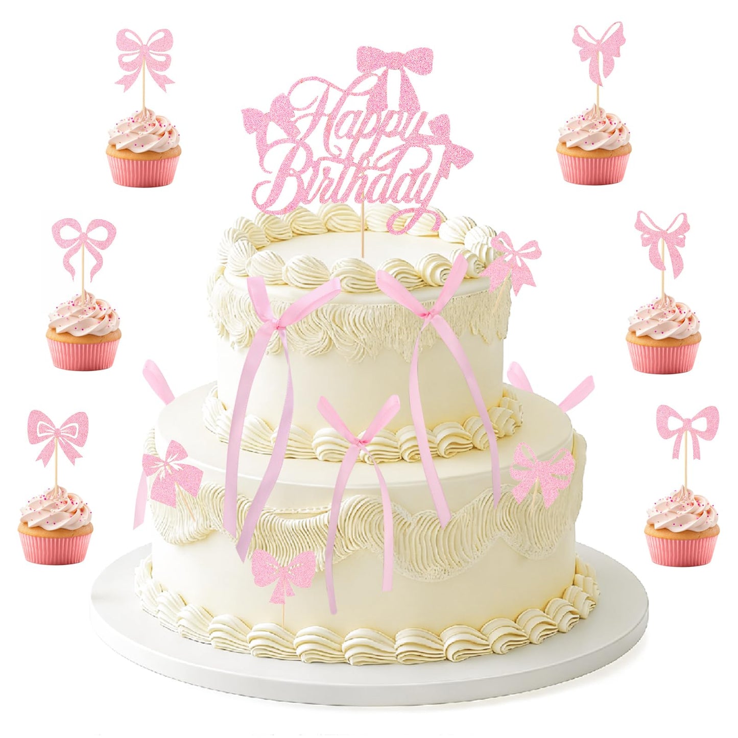 Guiqulai 25 Pcs Bow Cake Toppers – Pink Birthday Cake Topper & Cupcake Toppers Set