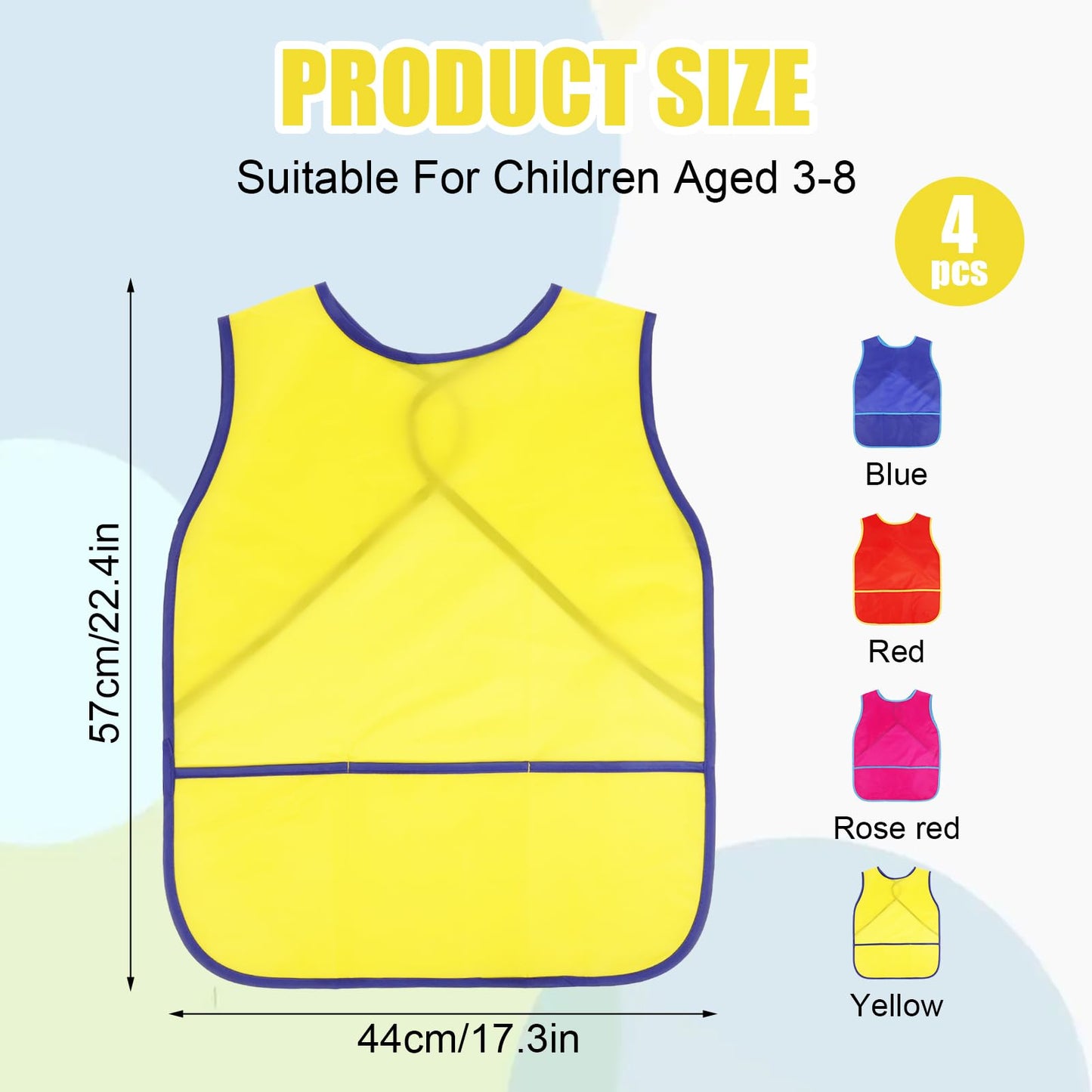 Guiqulai 4 Pcs Kids Art Smocks - Waterproof Sleeveless Aprons with 3 Pockets (Age 3-8, 4 Colors)