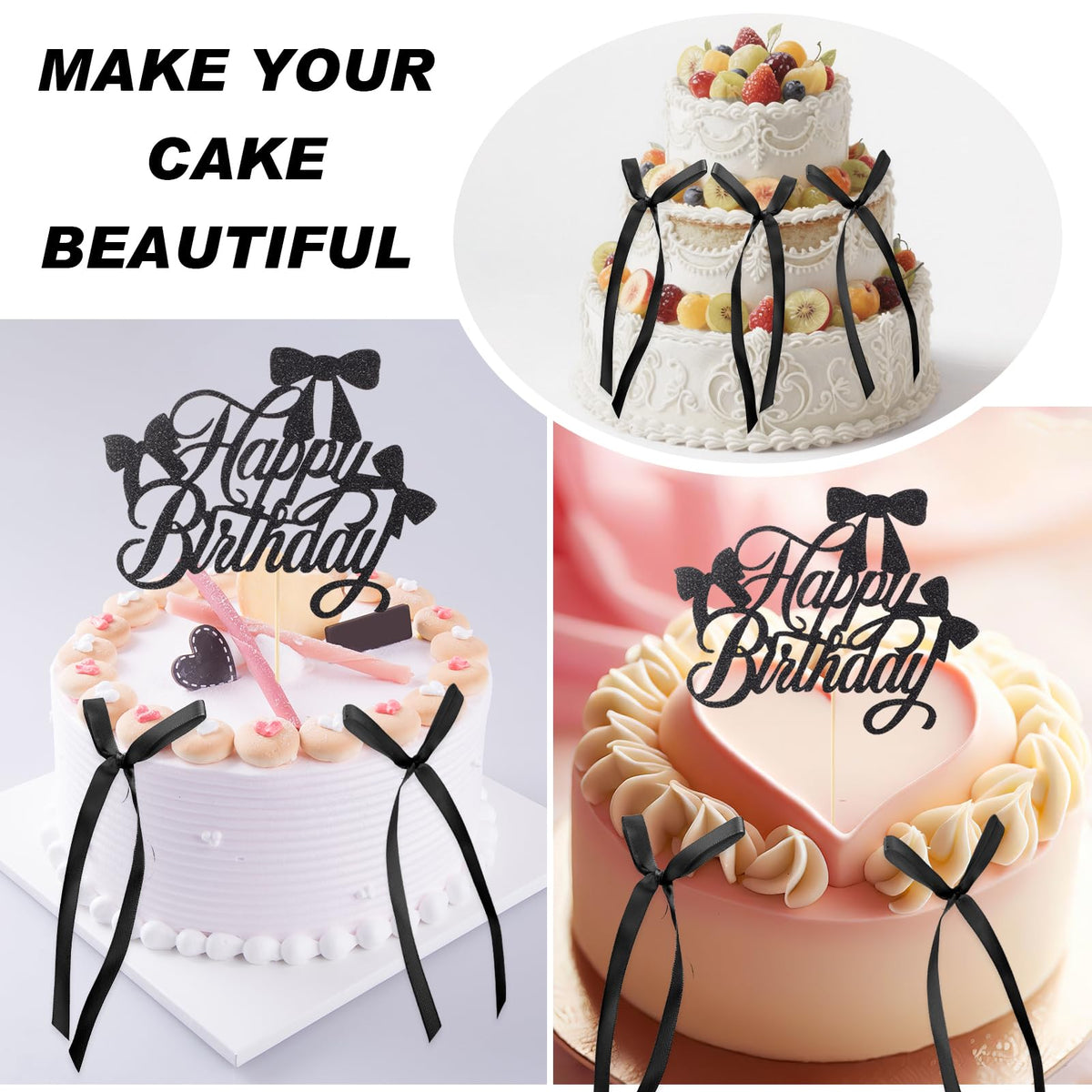 Guiqulai 25 Pcs Black Bow Cake Toppers Set – Birthday, Wedding & Baby Shower Decorations