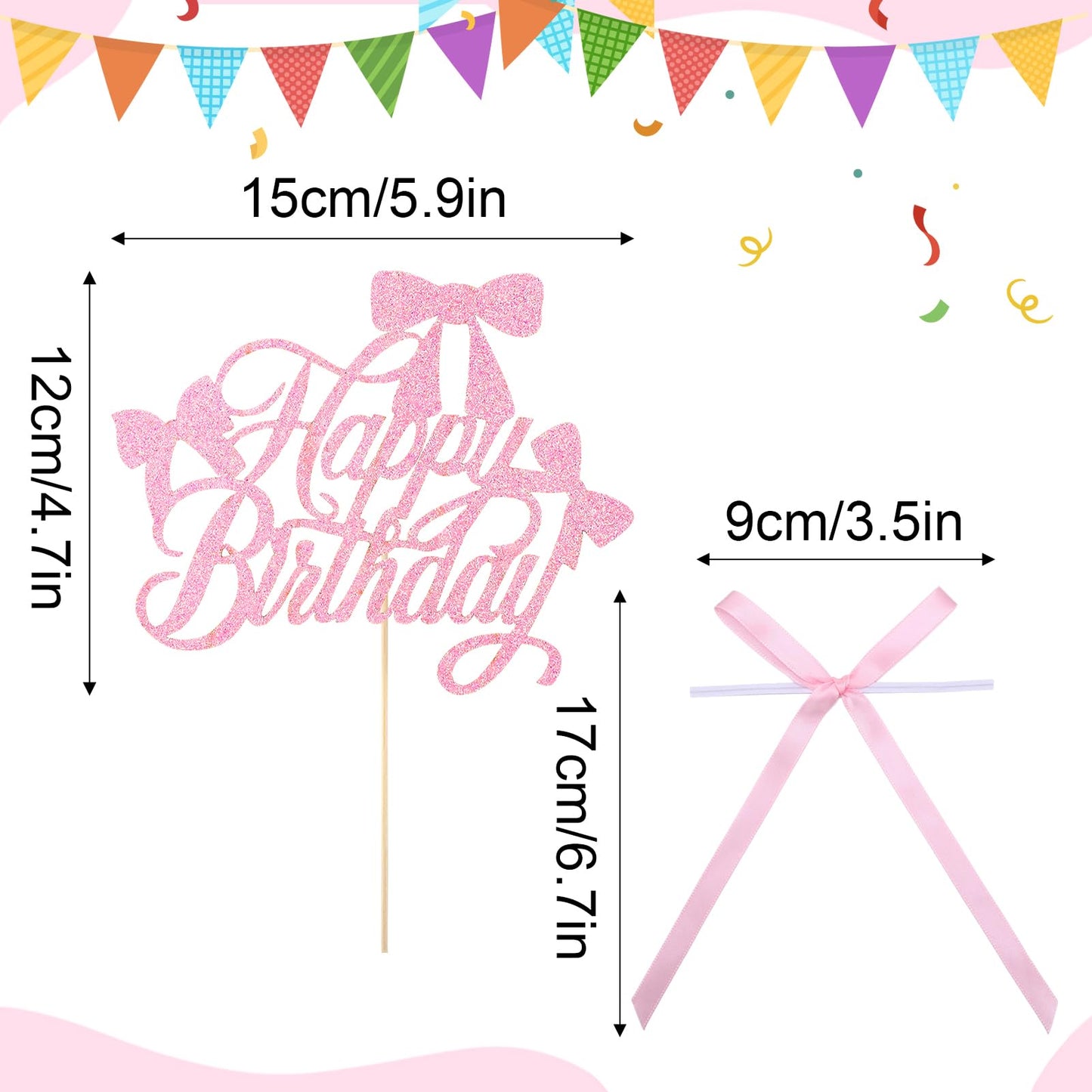 Guiqulai 25 Pcs Bow Cake Toppers – Pink Birthday Cake Topper & Cupcake Toppers Set