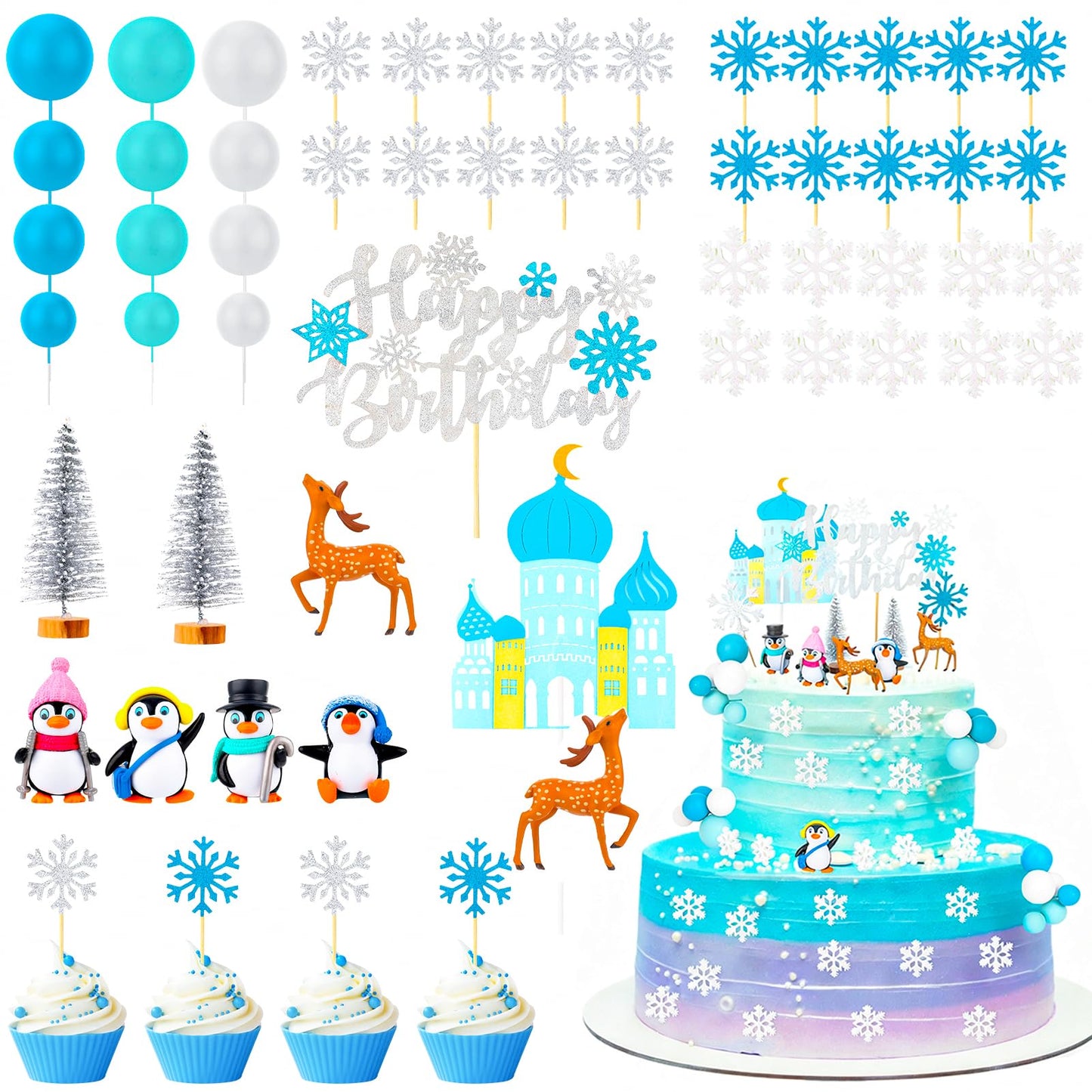 Guiqulai 52-Piece Winter Wonderland Cake Topper Set – Penguin, Snowflake, Reindeer & Castle Decor