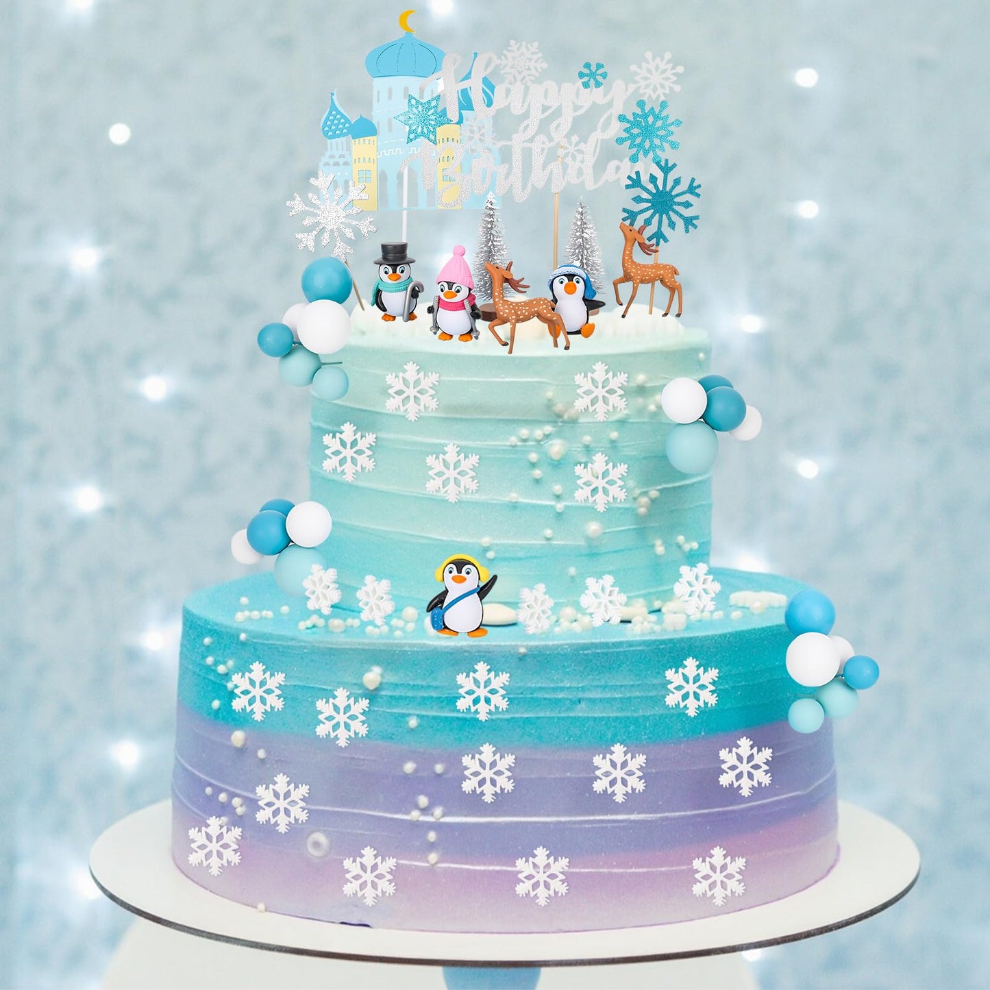 Guiqulai 52-Piece Winter Wonderland Cake Topper Set – Penguin, Snowflake, Reindeer & Castle Decor