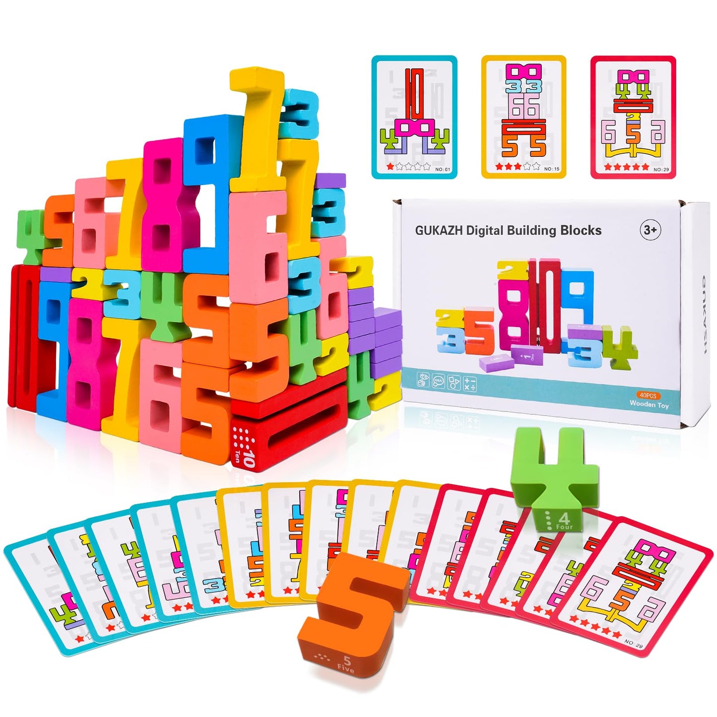 GUKAZH 40 PCS Wooden Number Building Blocks – Early Math & Stacking Games for Kids
