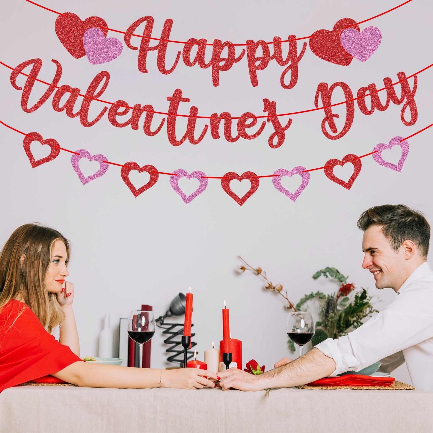 GULWAT Glitter Happy Valentines Day Banner - 10ft Red & Pink Sparkling Valentine Decorations