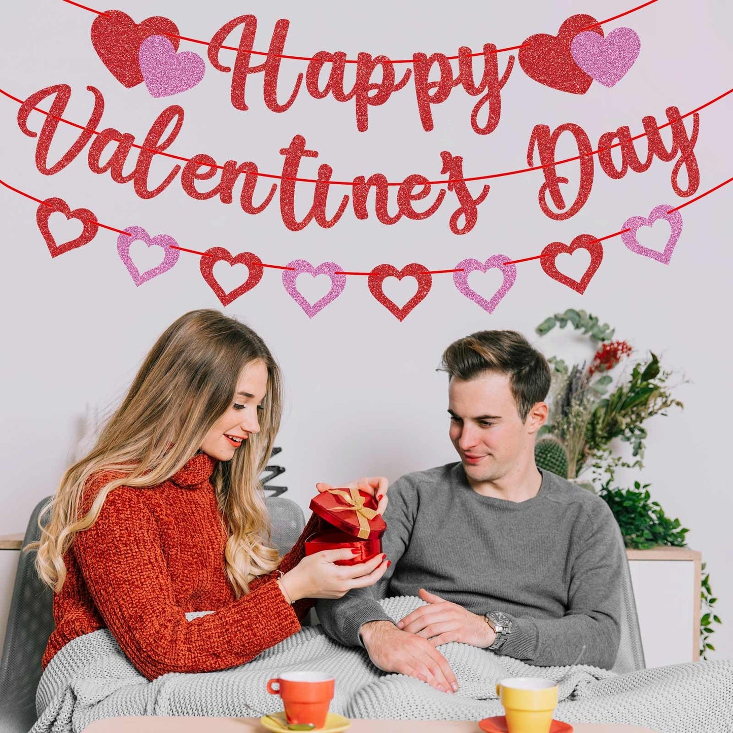 GULWAT Glitter Happy Valentines Day Banner - 10ft Red & Pink Sparkling Valentine Decorations