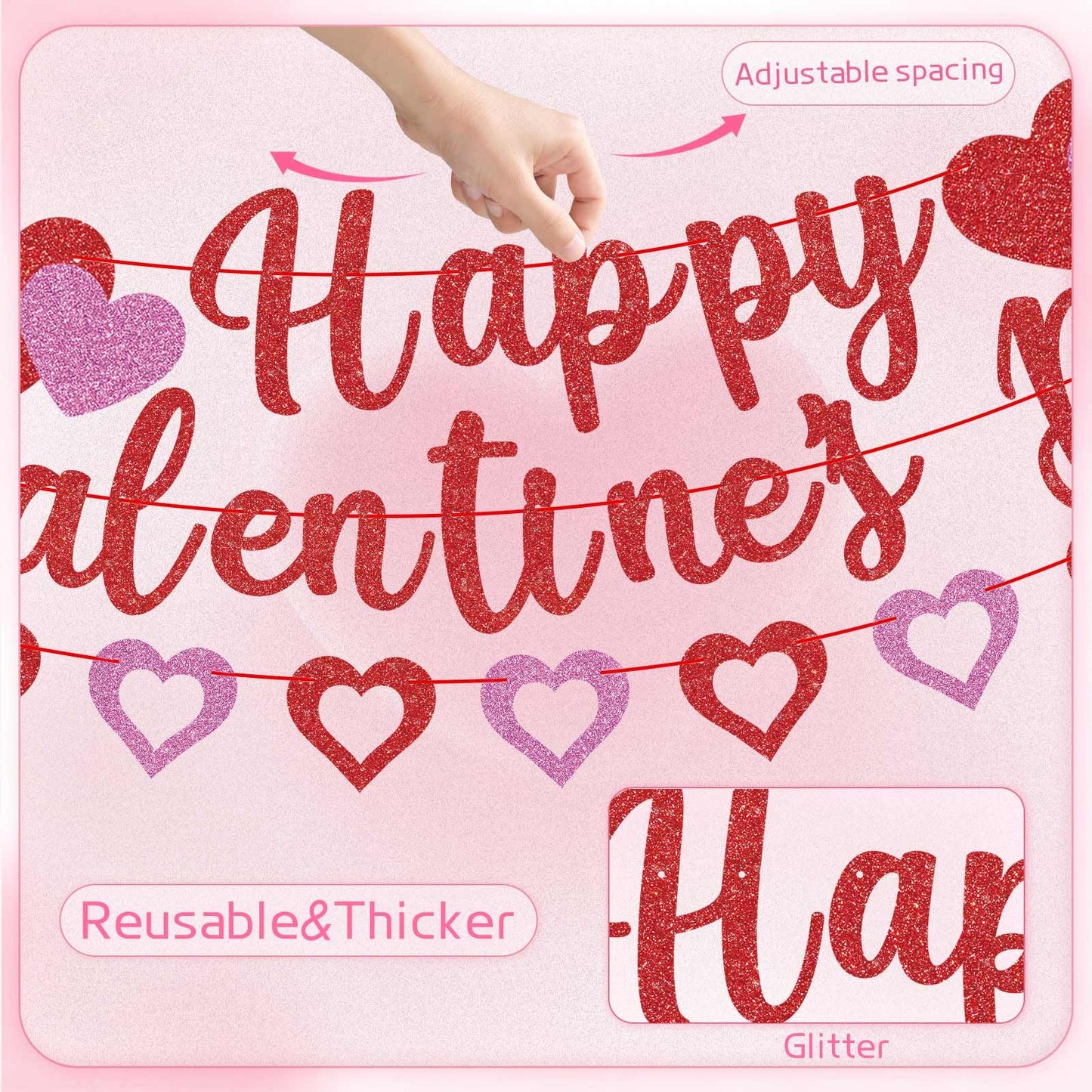 GULWAT Glitter Happy Valentines Day Banner - 10ft Red & Pink Sparkling Valentine Decorations