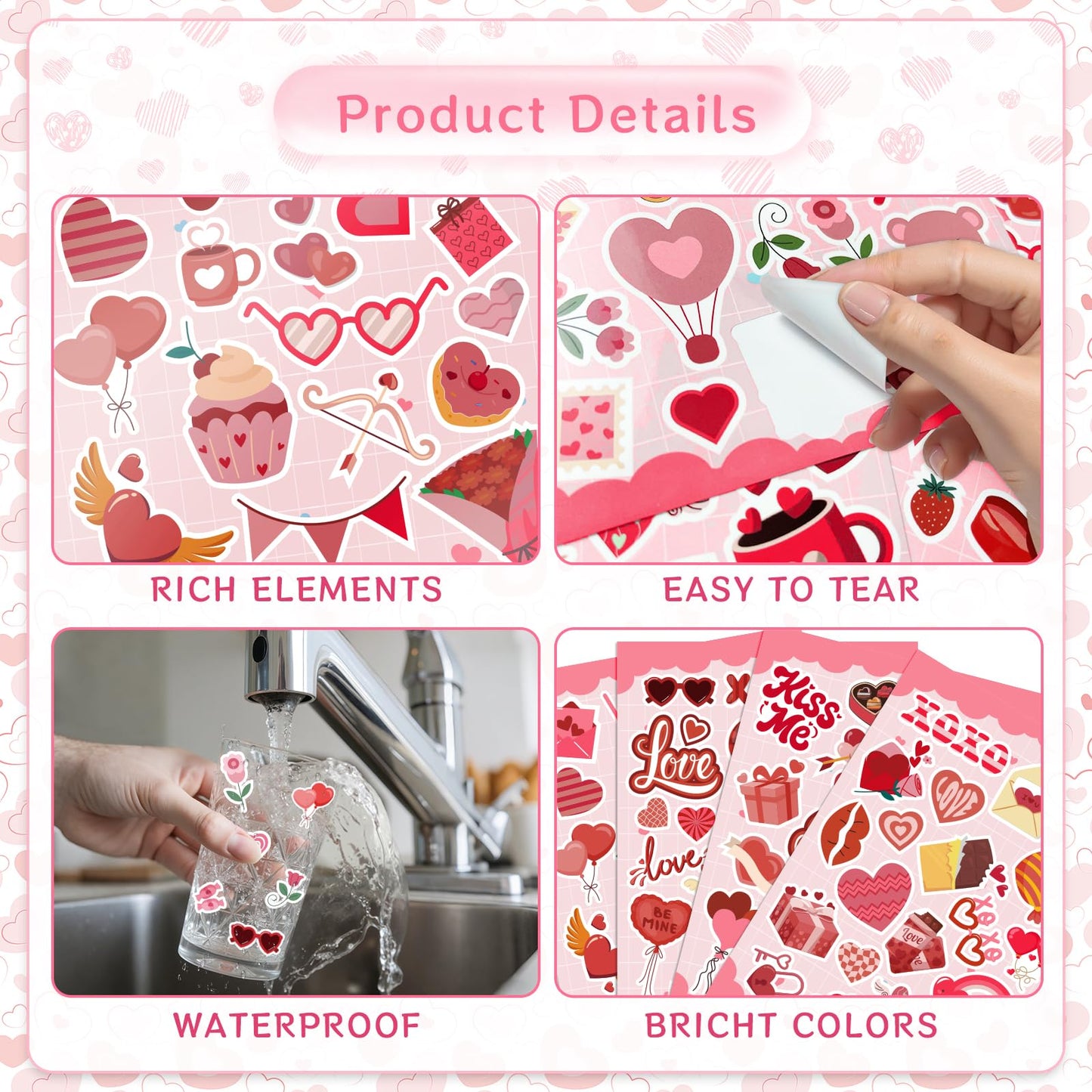 GULWAT 549 PCS Valentines Stickers for Kids – Heart Decals for Arts & Crafts, Water Bottles & Party Favors (24 Sheets)