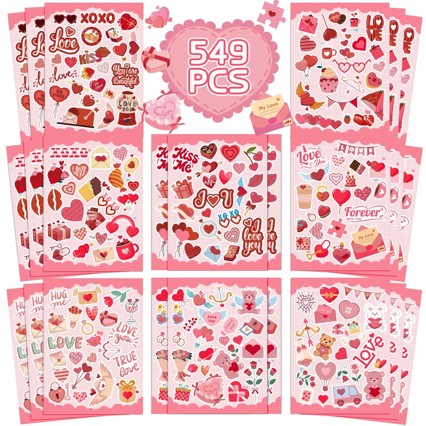 GULWAT 549 PCS Valentines Stickers for Kids – Heart Decals for Arts & Crafts, Water Bottles & Party Favors (24 Sheets)