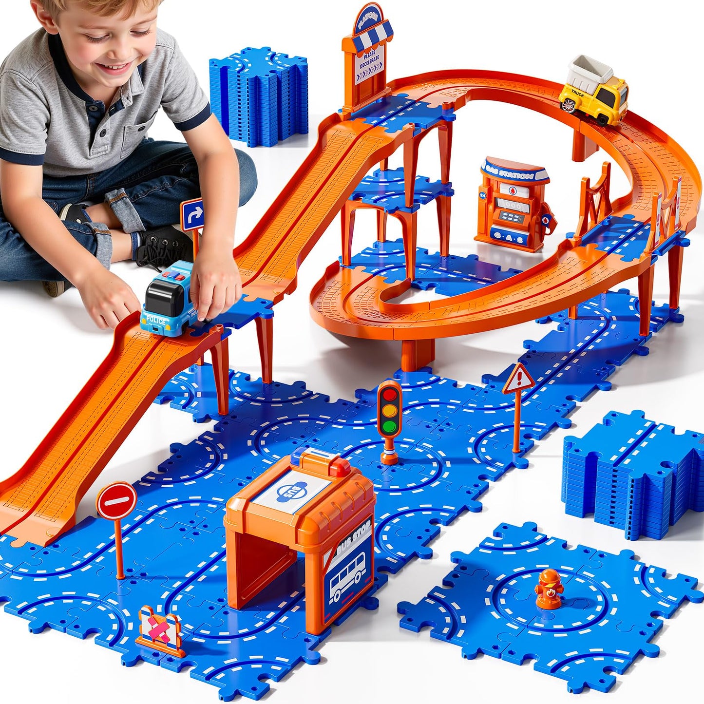 Guminnara 3-Tier Toddler Puzzle Race Cars Track – 59-Piece Educational Car Track Set for Ages 3-8