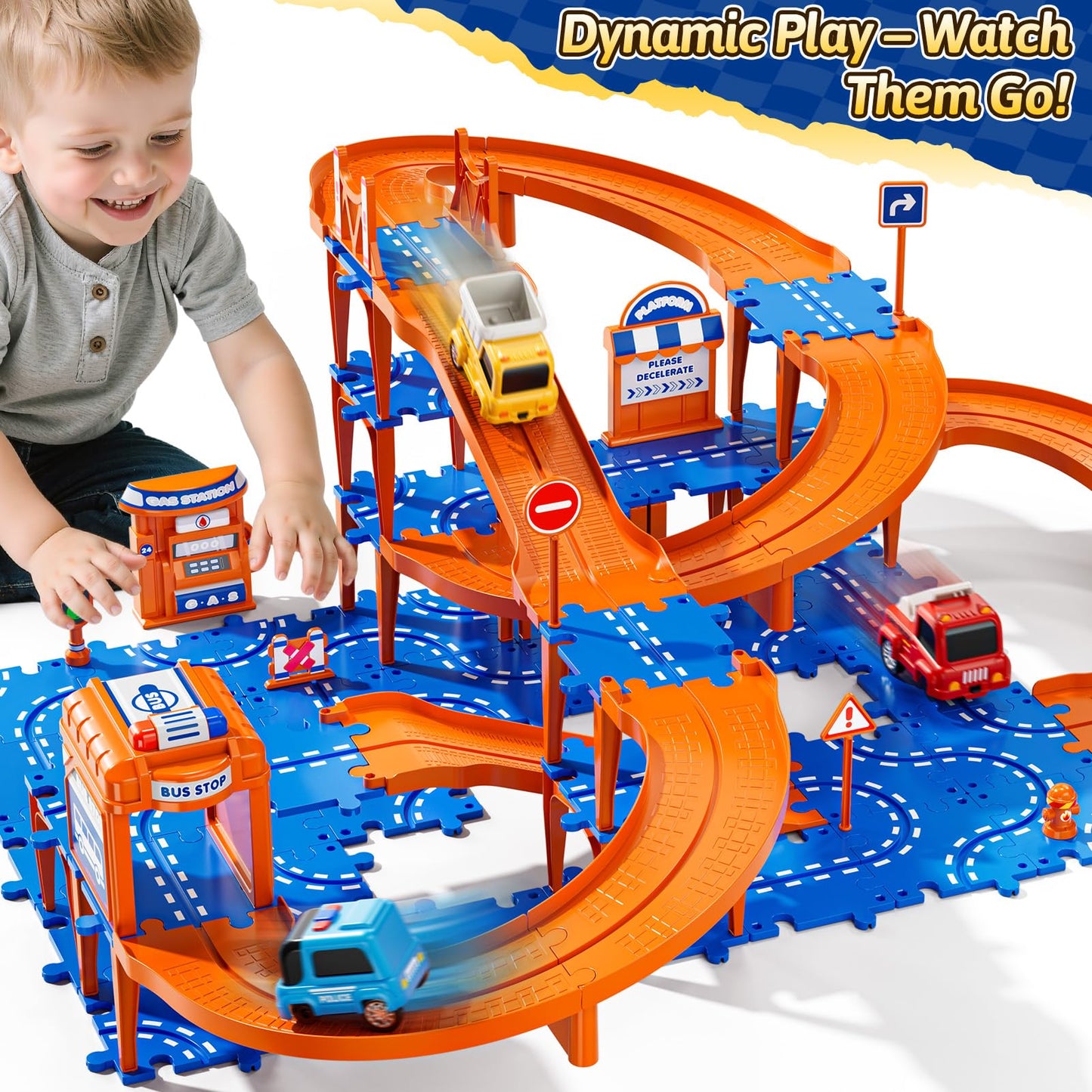 Guminnara 96Pcs Puzzles Track Cars – 4-Tier Race Track for Kids Aged 3-10
