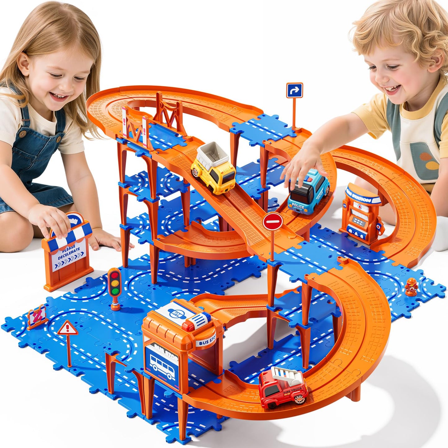 Guminnara 96Pcs Puzzles Track Cars – 4-Tier Race Track for Kids Aged 3-10