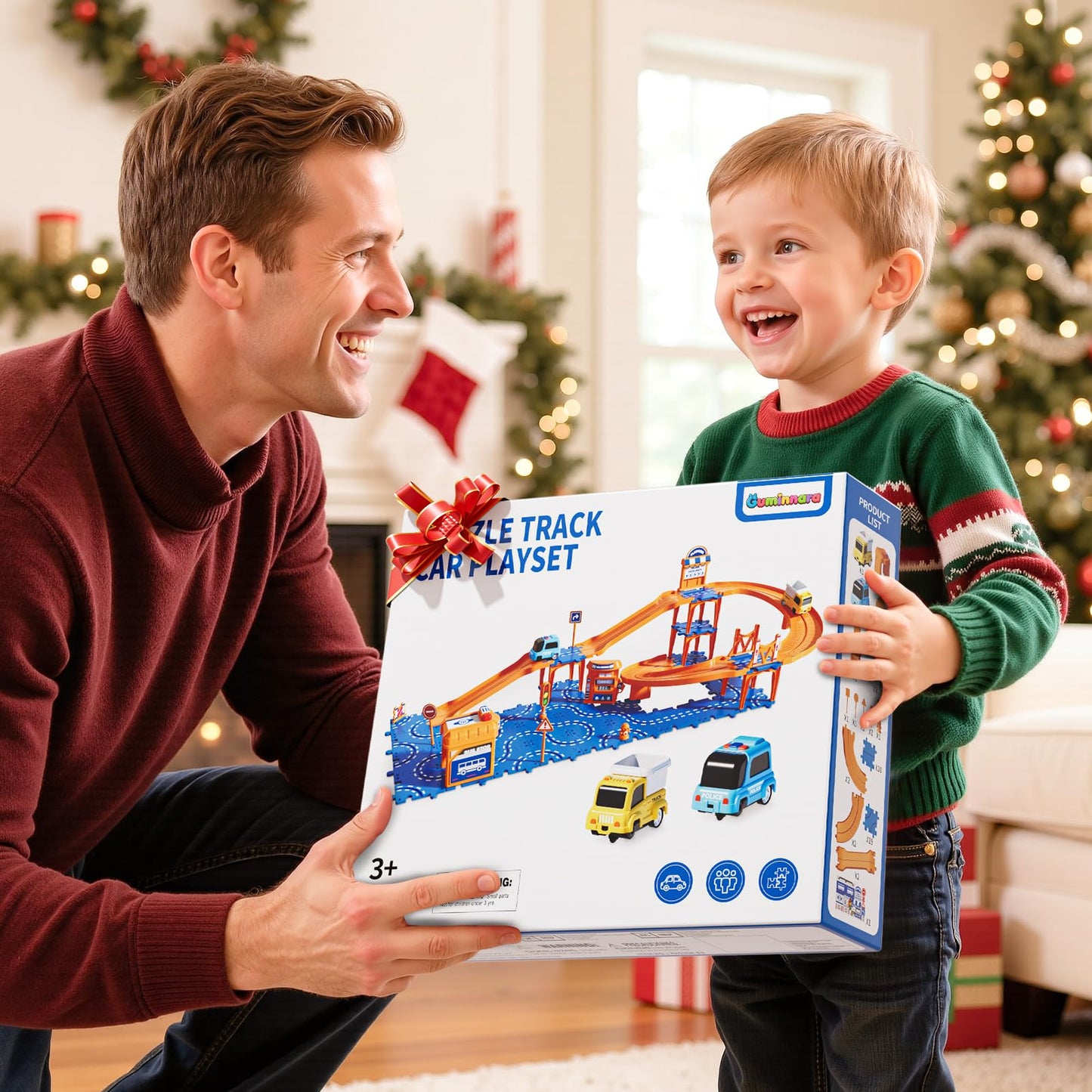 Guminnara 3-Tier Toddler Puzzle Race Cars Track – 59-Piece Educational Car Track Set for Ages 3-8