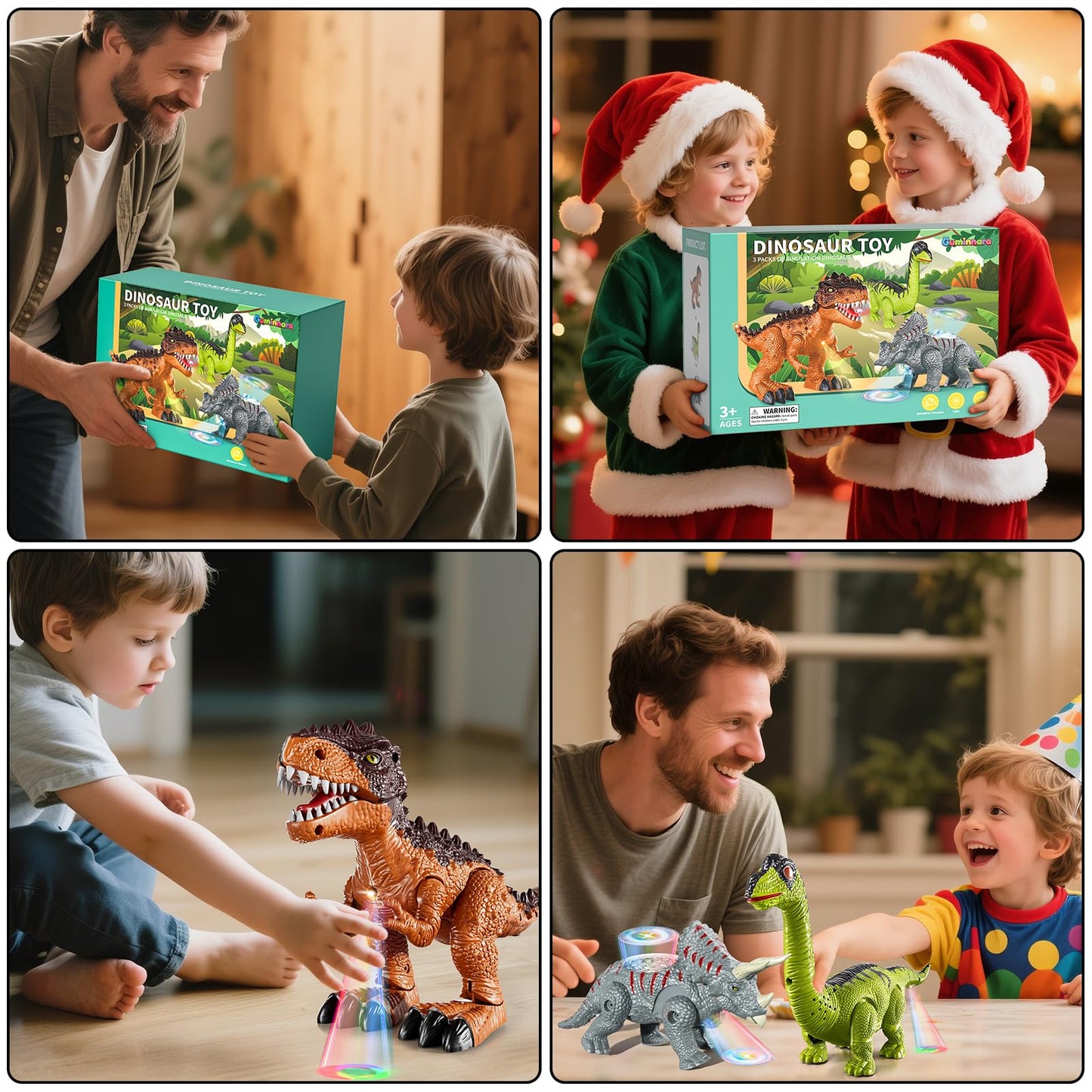 Guminnara 3 Pack Walking Dinosaur Toys with Sound & Light | Tyrannosaurus Rex, Brachiosaurus & Triceratops