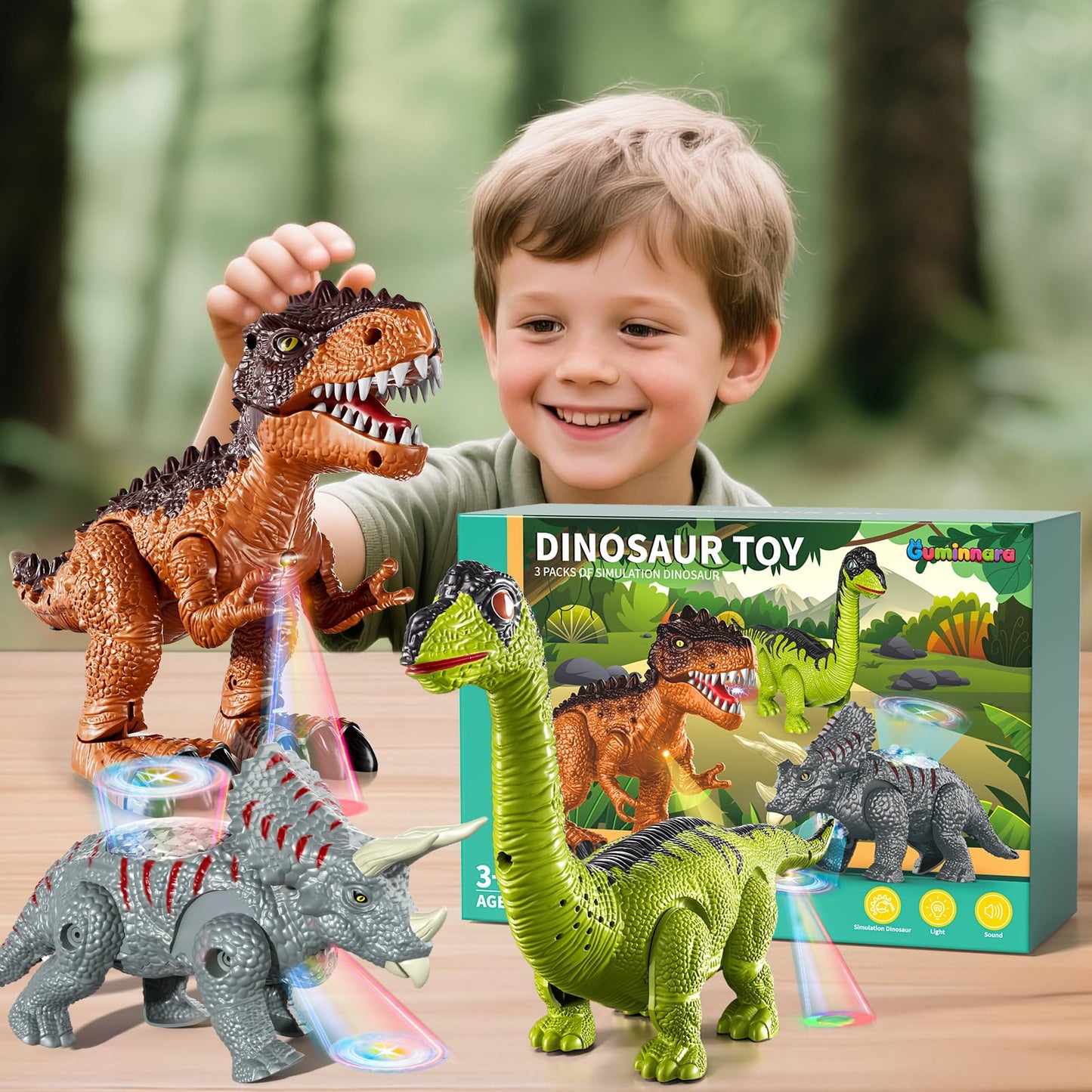 Guminnara 3 Pack Walking Dinosaur Toys with Sound & Light | Tyrannosaurus Rex, Brachiosaurus & Triceratops