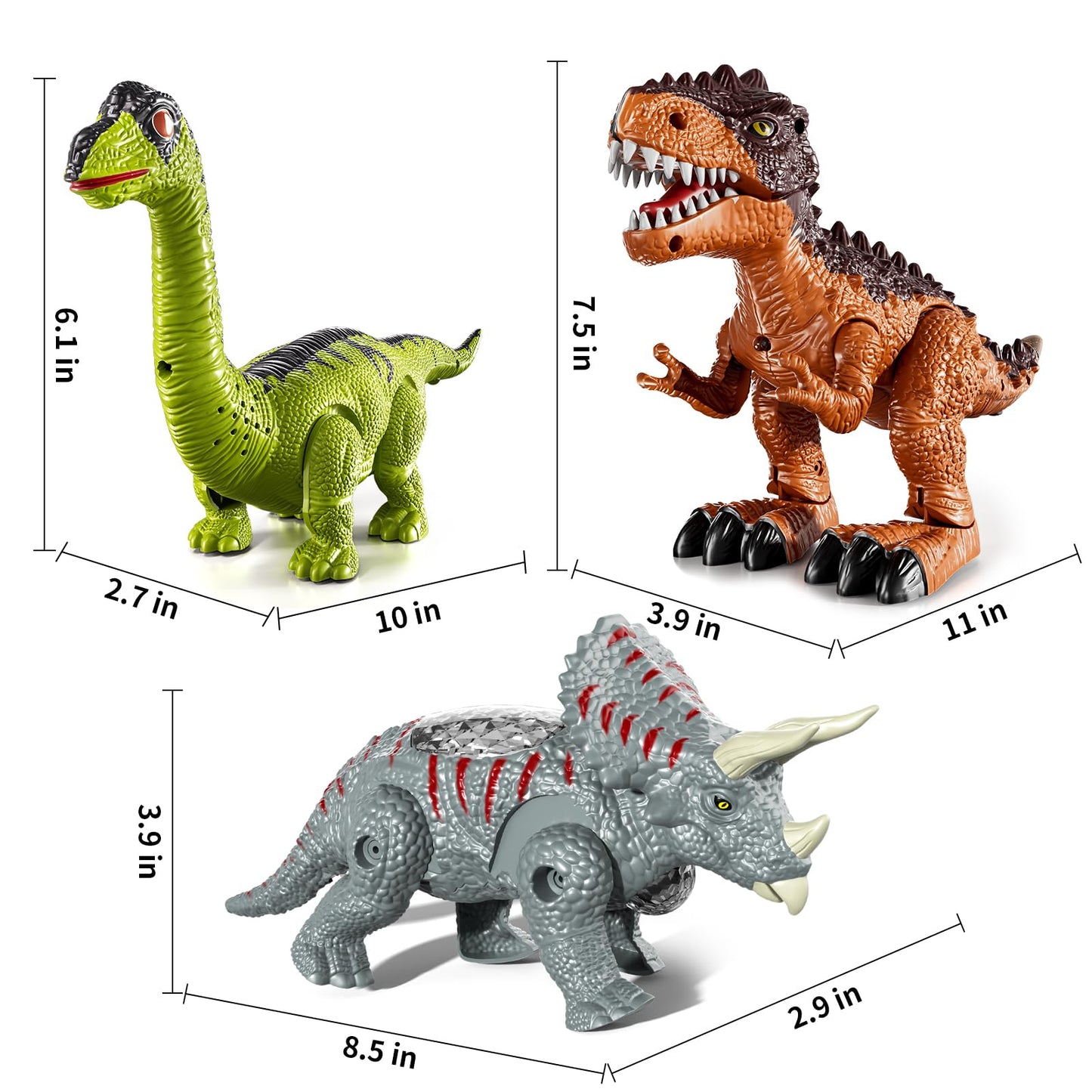 Guminnara 3 Pack Walking Dinosaur Toys with Sound & Light | Tyrannosaurus Rex, Brachiosaurus & Triceratops