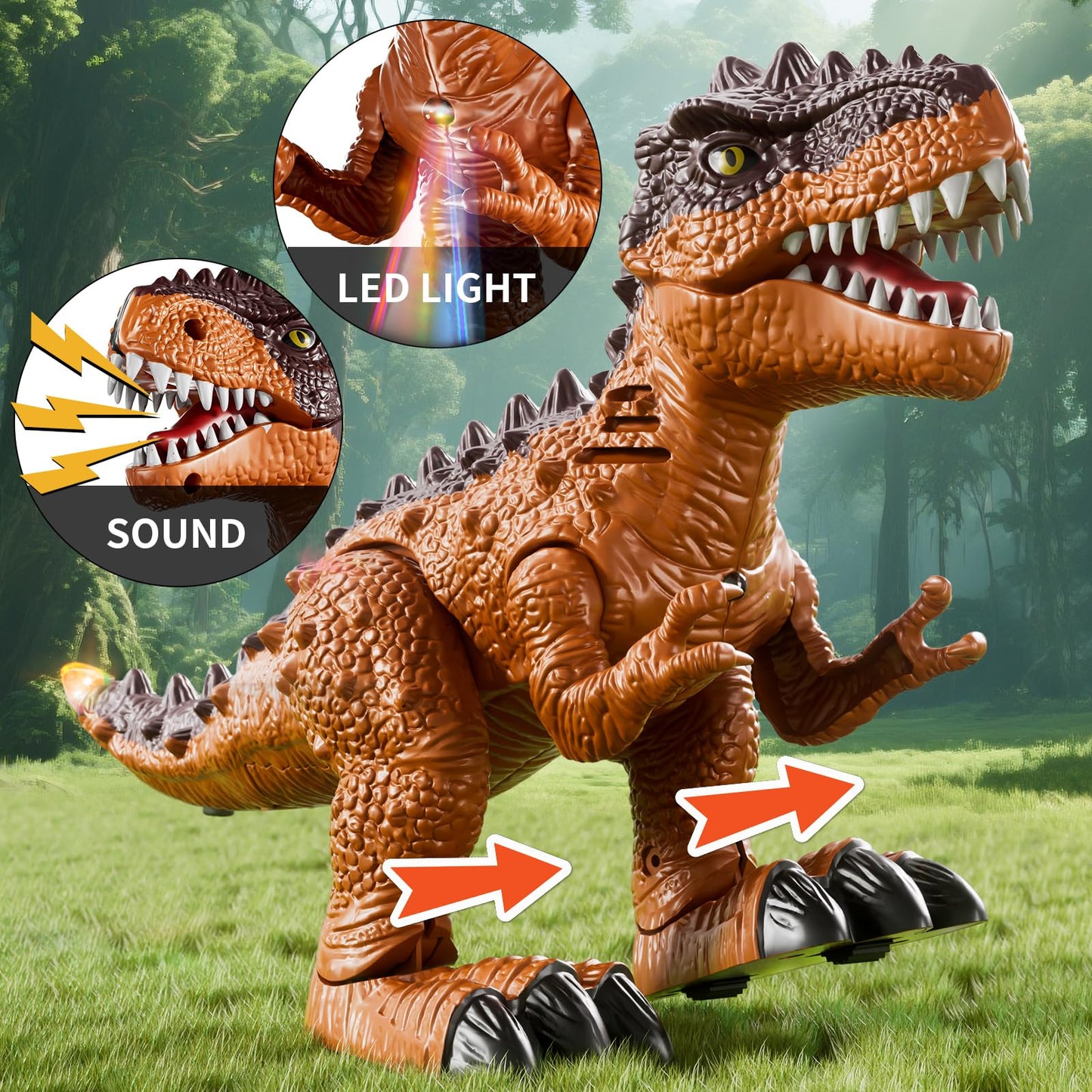 Guminnara 3 Pack Walking Dinosaur Toys with Sound & Light | Tyrannosaurus Rex, Brachiosaurus & Triceratops