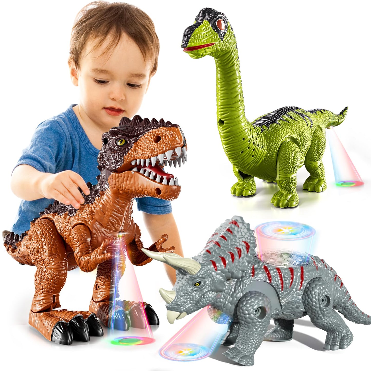 Guminnara 3 Pack Walking Dinosaur Toys with Sound & Light | Tyrannosaurus Rex, Brachiosaurus & Triceratops
