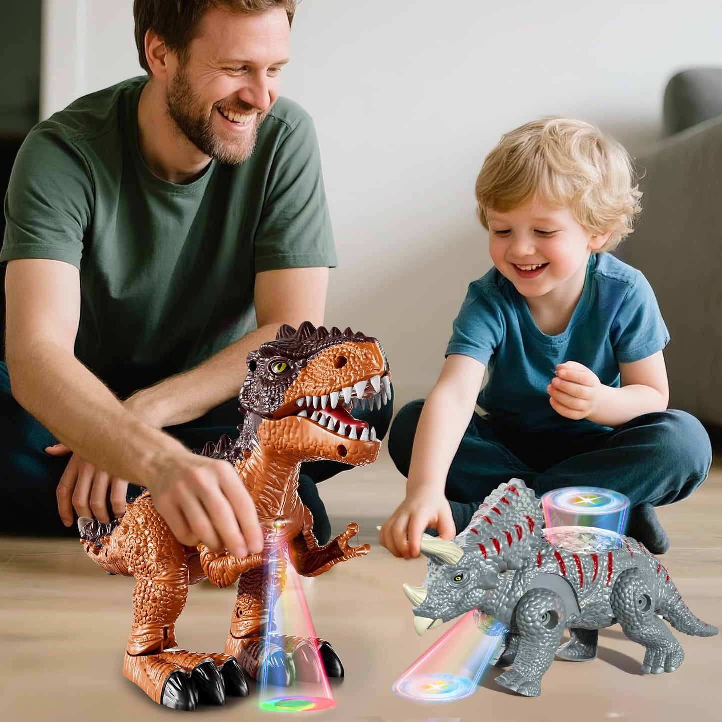 Guminnara 3 Pack Walking Dinosaur Toys with Sound & Light | Tyrannosaurus Rex, Brachiosaurus & Triceratops