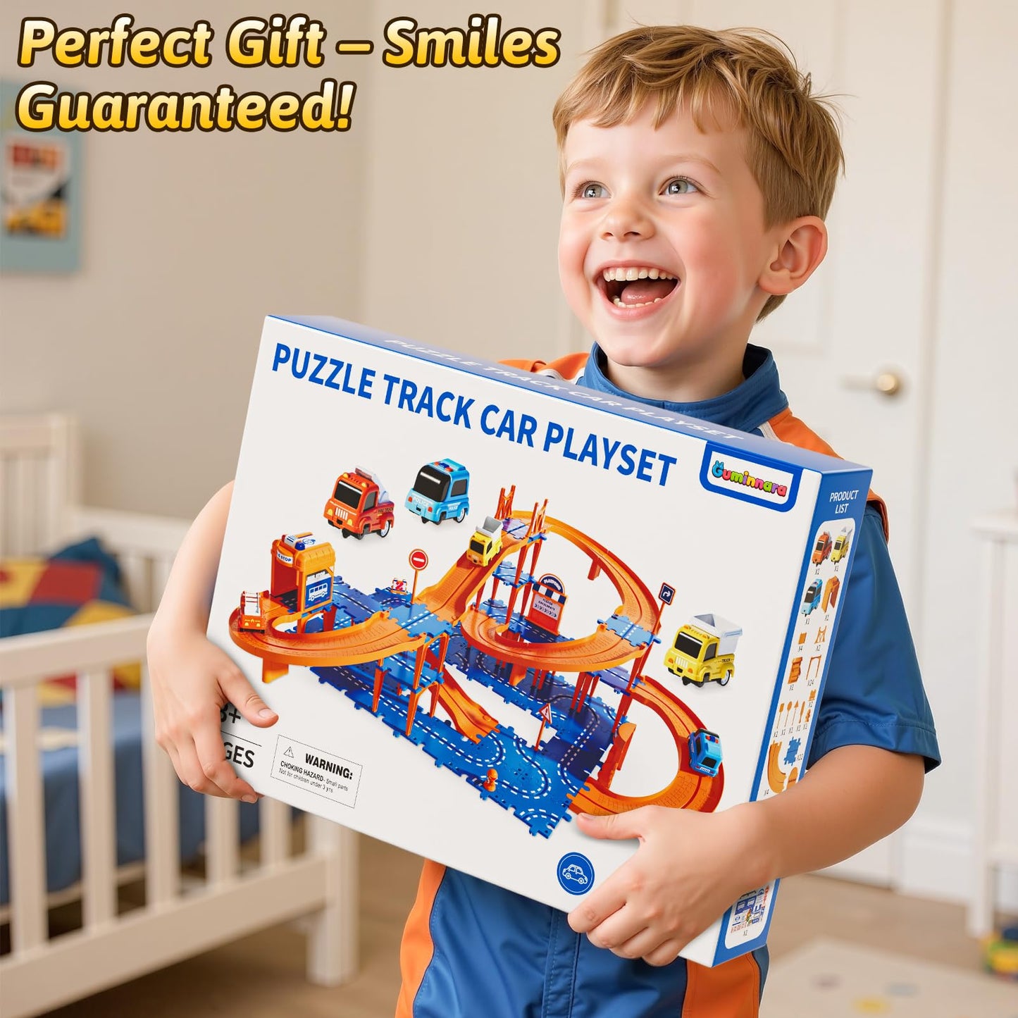 Guminnara 96Pcs Puzzles Track Cars – 4-Tier Race Track for Kids Aged 3-10
