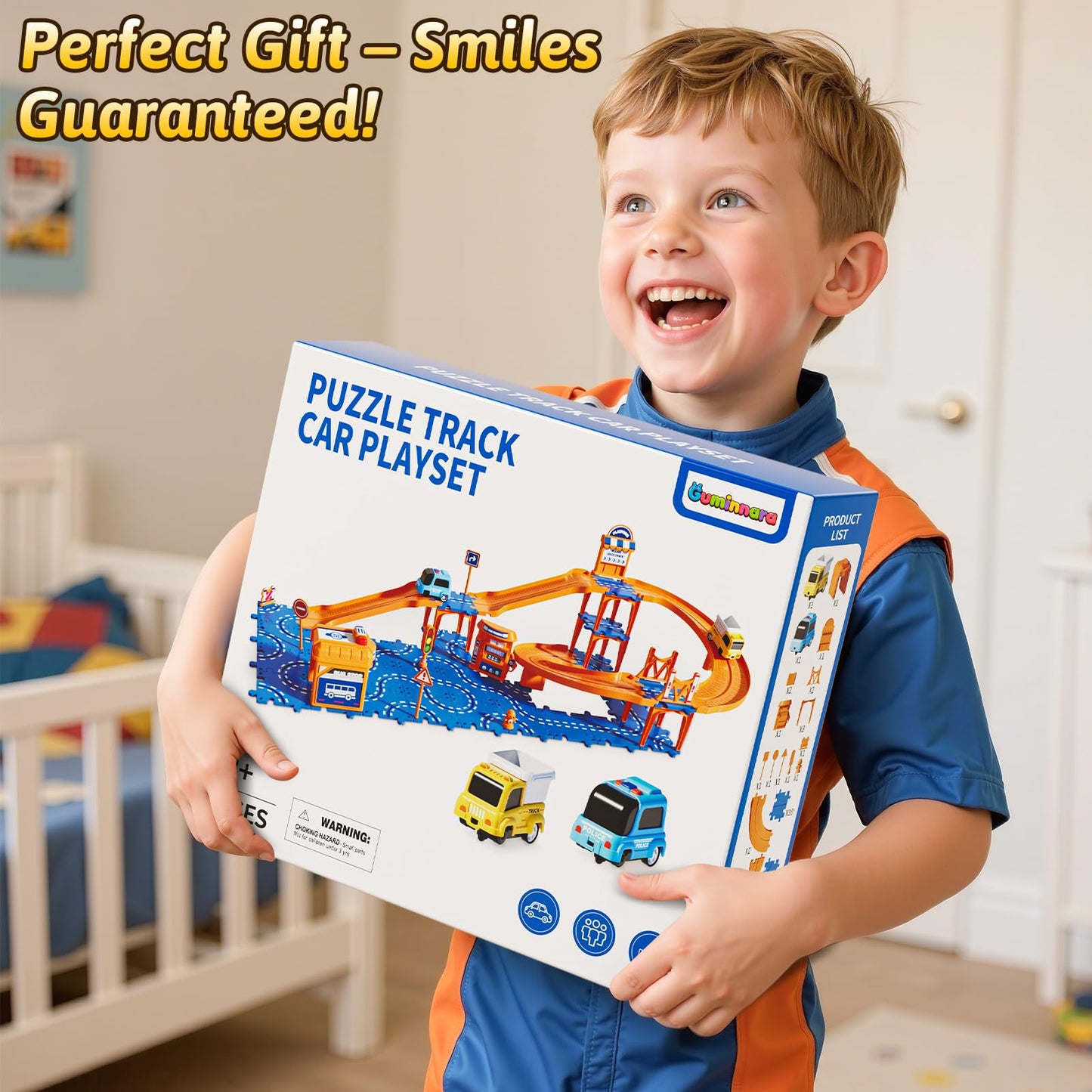 Guminnara 3-Tier Toddler Puzzle Race Cars Track – 59-Piece Educational Car Track Set for Ages 3-8