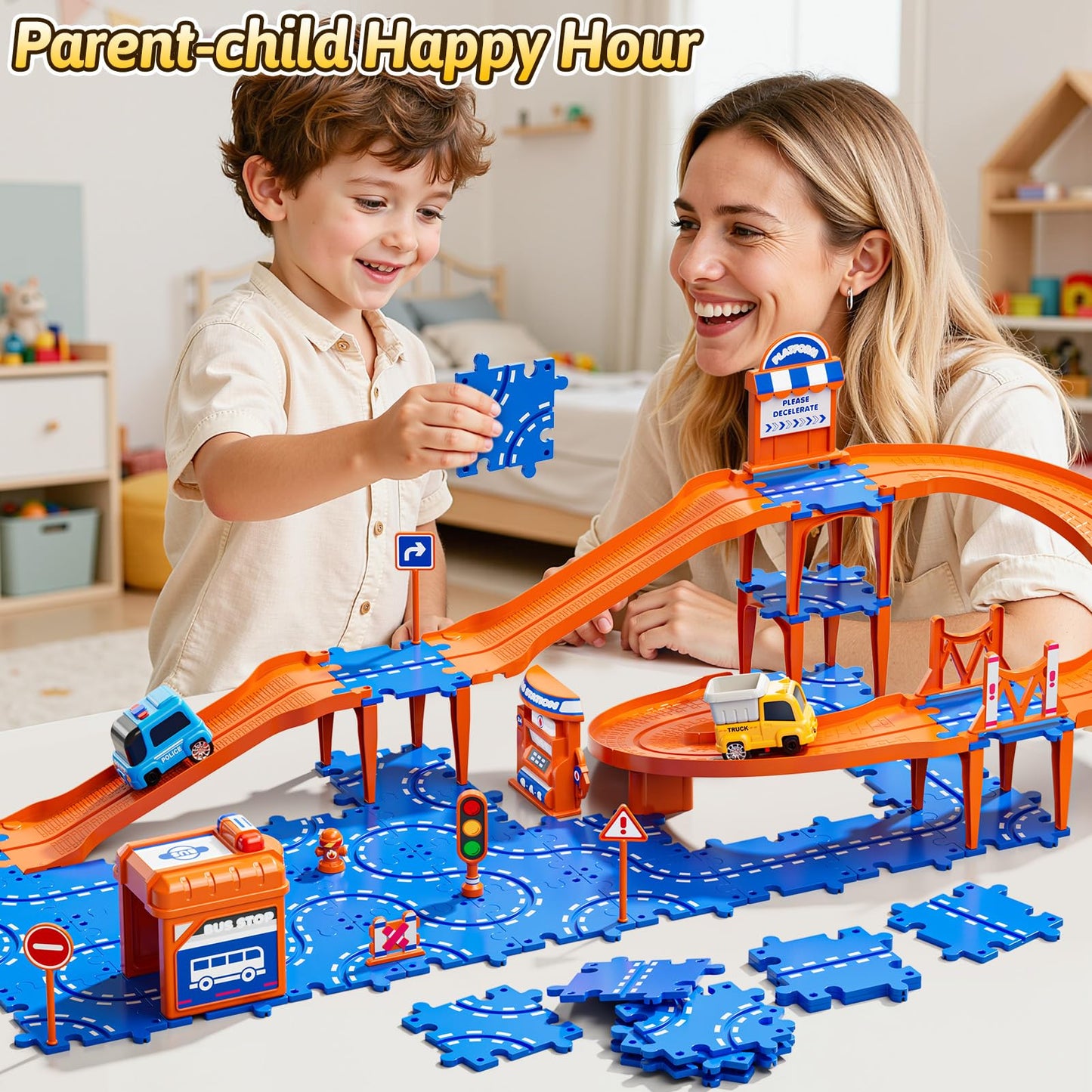 Guminnara 3-Tier Toddler Puzzle Race Cars Track – 59-Piece Educational Car Track Set for Ages 3-8