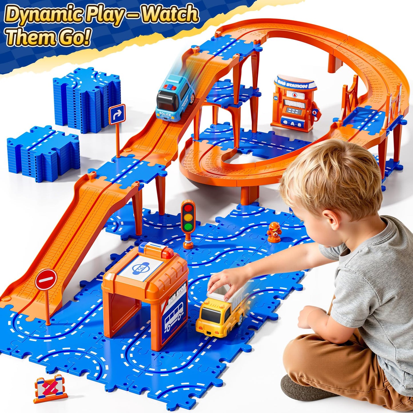 Guminnara 3-Tier Toddler Puzzle Race Cars Track – 59-Piece Educational Car Track Set for Ages 3-8