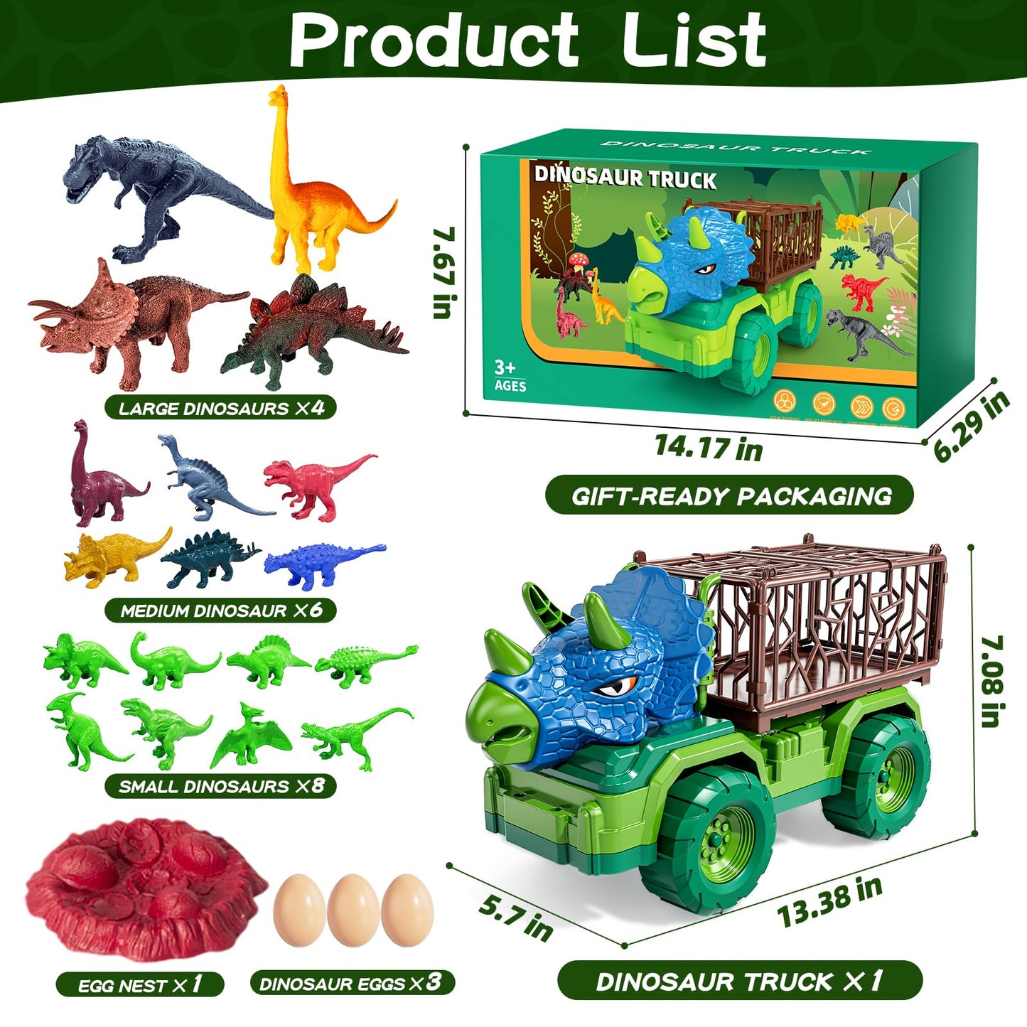 Guminnara 22-in-1 Triceratops Dinosaur Carrier Truck with 18 Figures | Ages 3-10