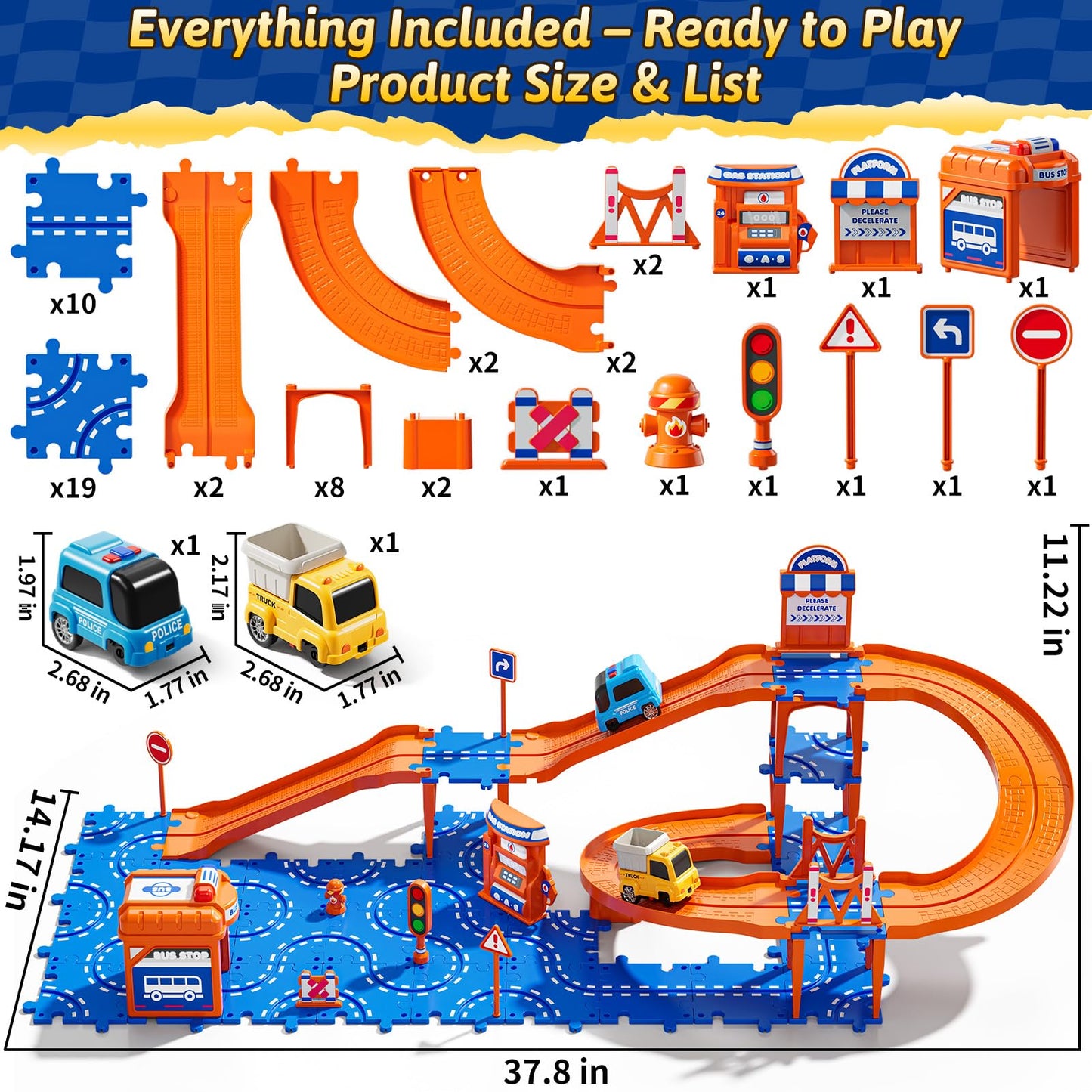 Guminnara 3-Tier Toddler Puzzle Race Cars Track – 59-Piece Educational Car Track Set for Ages 3-8