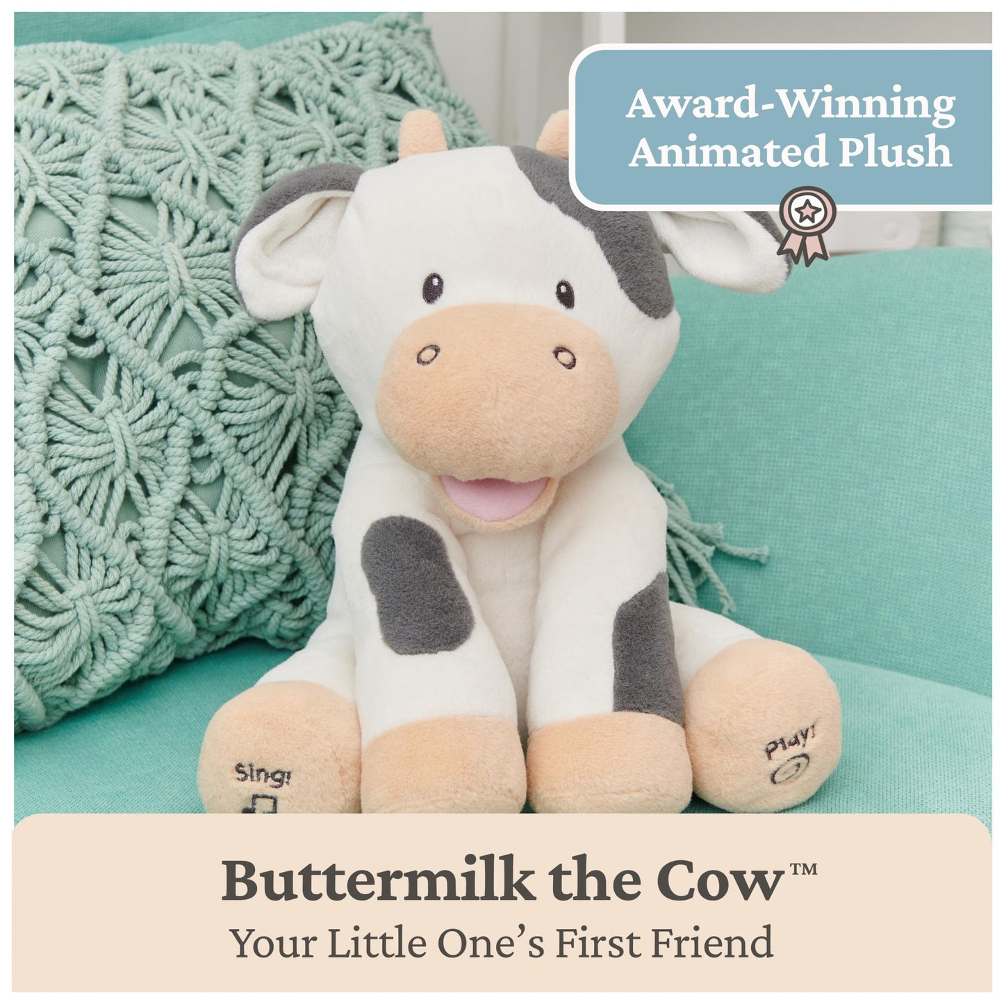 GUND Baby Buttermilk the Cow Animated Plush — 12” Singing Toy & Animal Sounds (Cream/Grey)