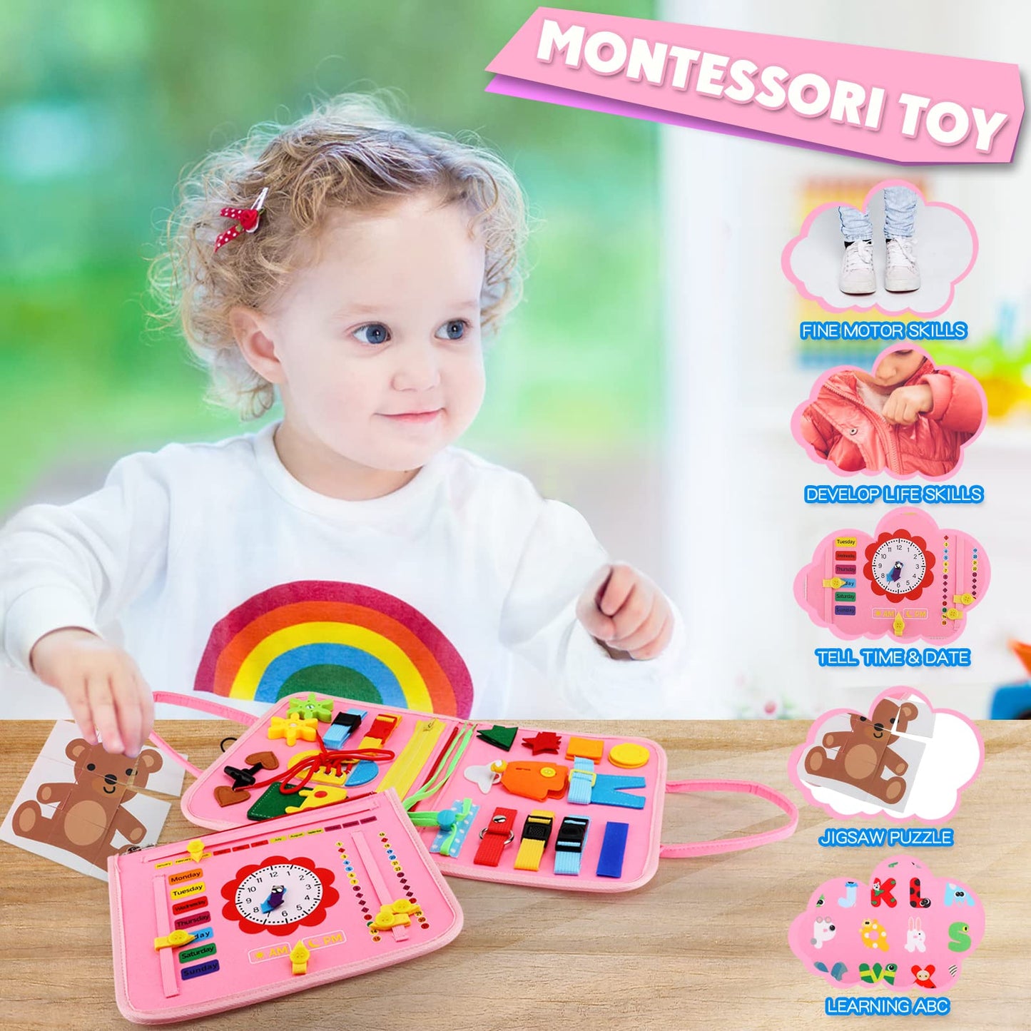 Guolely Busy Board Montessori Toy for 3-6 Year Olds | 25-in-1 Sensory & Fine Motor Activity