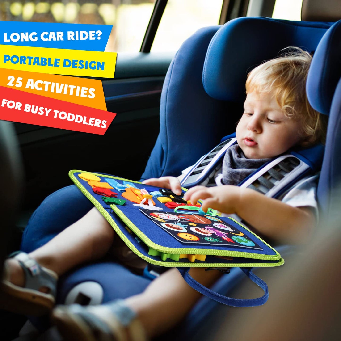 Guolely Busy Board Montessori Toy for 3-6 Year Olds — 25‑in‑1 Travel Sensory Board