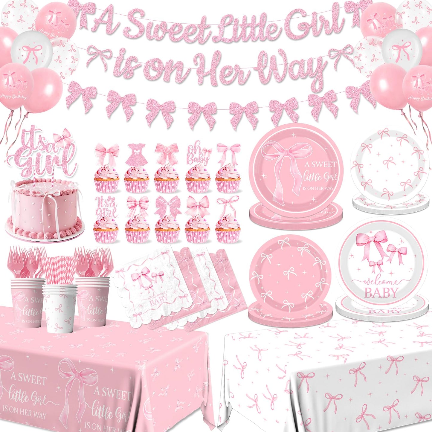 Gupesxu Pink Bow Baby Shower Decorations — Complete 25-Guest Party Supplies Set