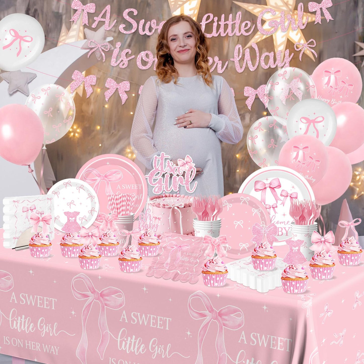 Gupesxu Pink Bow Baby Shower Decorations — Complete 25-Guest Party Supplies Set
