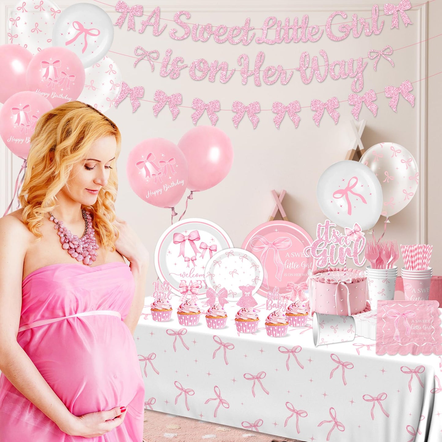 Gupesxu Pink Bow Baby Shower Decorations — Complete 25-Guest Party Supplies Set