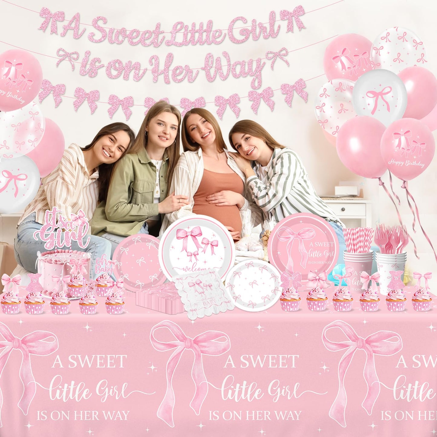 Gupesxu Pink Bow Baby Shower Decorations — Complete 25-Guest Party Supplies Set