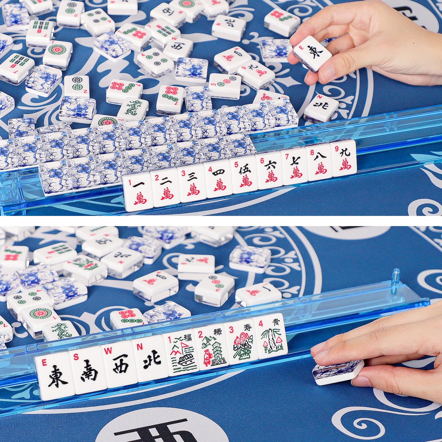 GUSTARIA American Mahjong Set - 166 Premium Acrylic Tiles, Floral Blue Bag, 4 Pushers & Racks