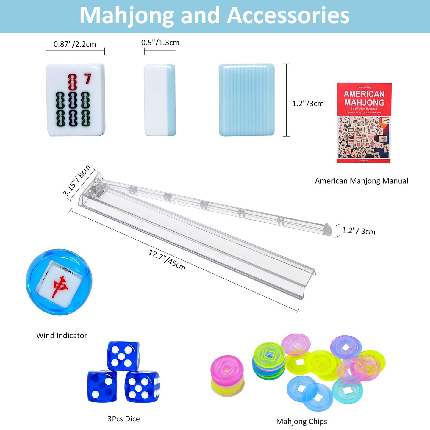 GUSTARIA American Mahjong Game Set – 166 Blue Tiles, 4 Clear Racks & Accessories