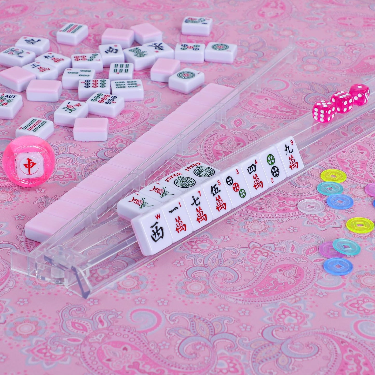 GUSTARIA American Mahjong Game Set – 166 Pink Tiles, Pink Bag & Accessories, 4 Clear Racks & Pushers
