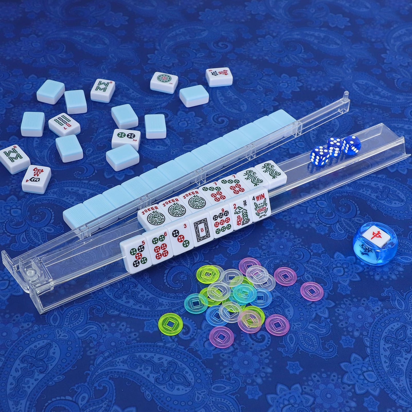 GUSTARIA American Mahjong Game Set – 166 Blue Tiles, 4 Clear Racks & Accessories